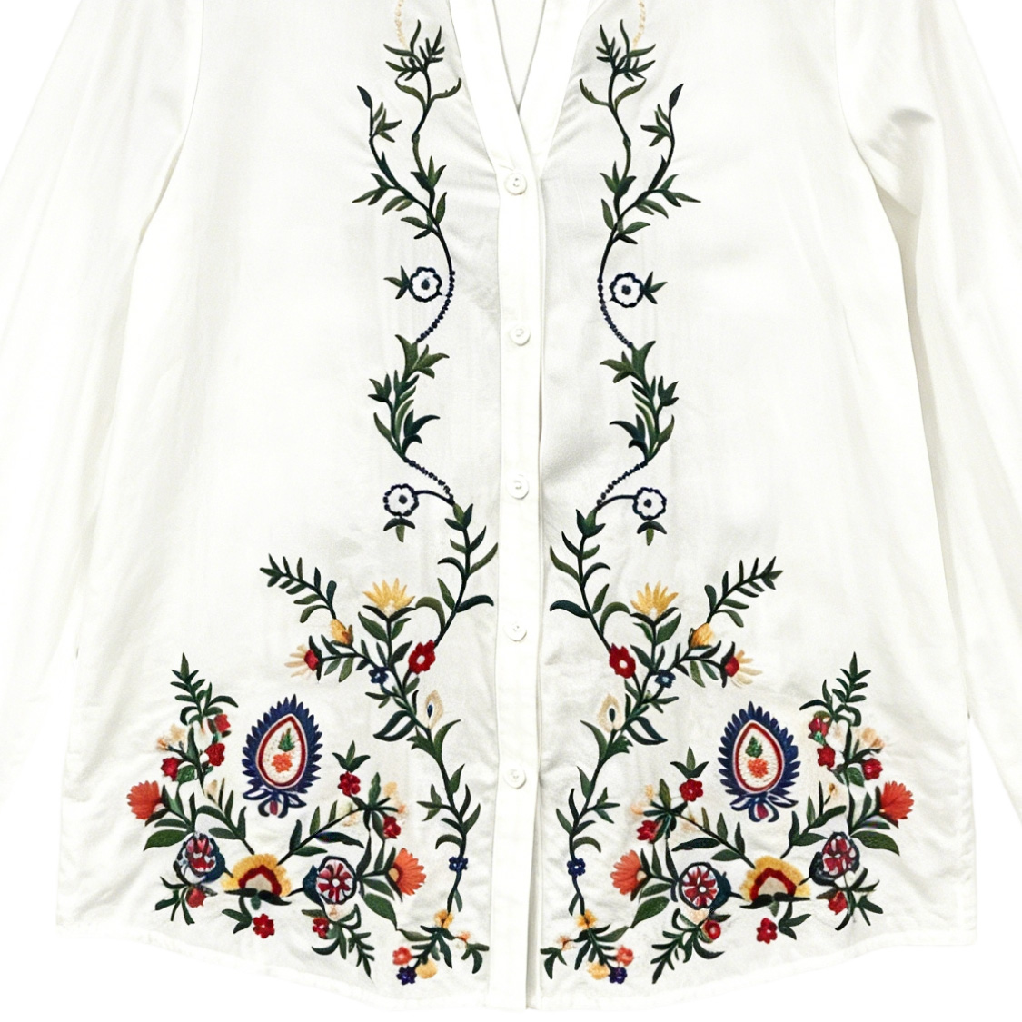 Boho Chic Long Sleeve Button Down Top - Ethnic Style Flower Embroidered Blouse D-39046