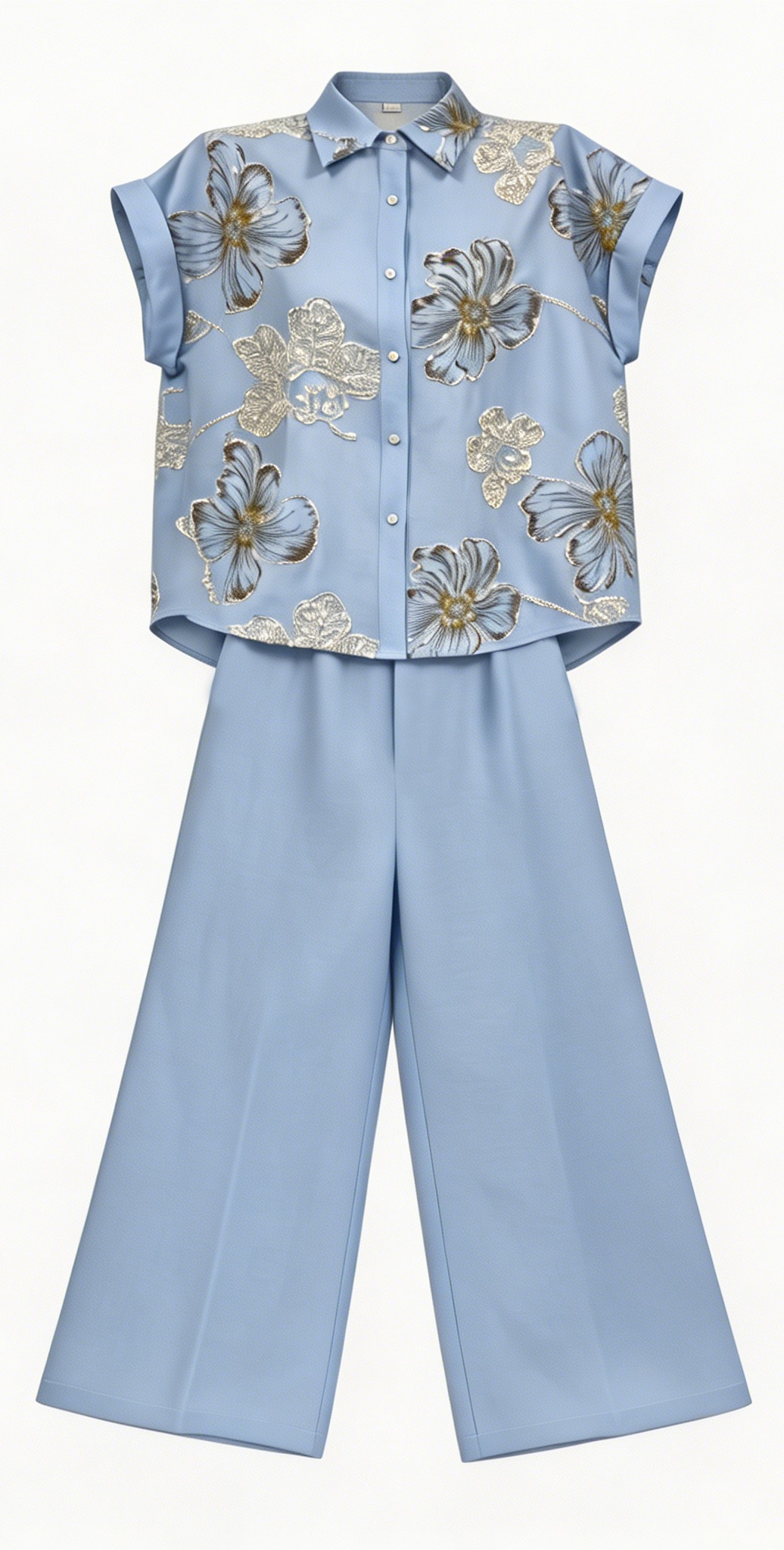 Light Blue Linen-Blend Floral Embroidered Shirt Wide Leg Pants Set - Two Piece Outfit W-42698+W-42699