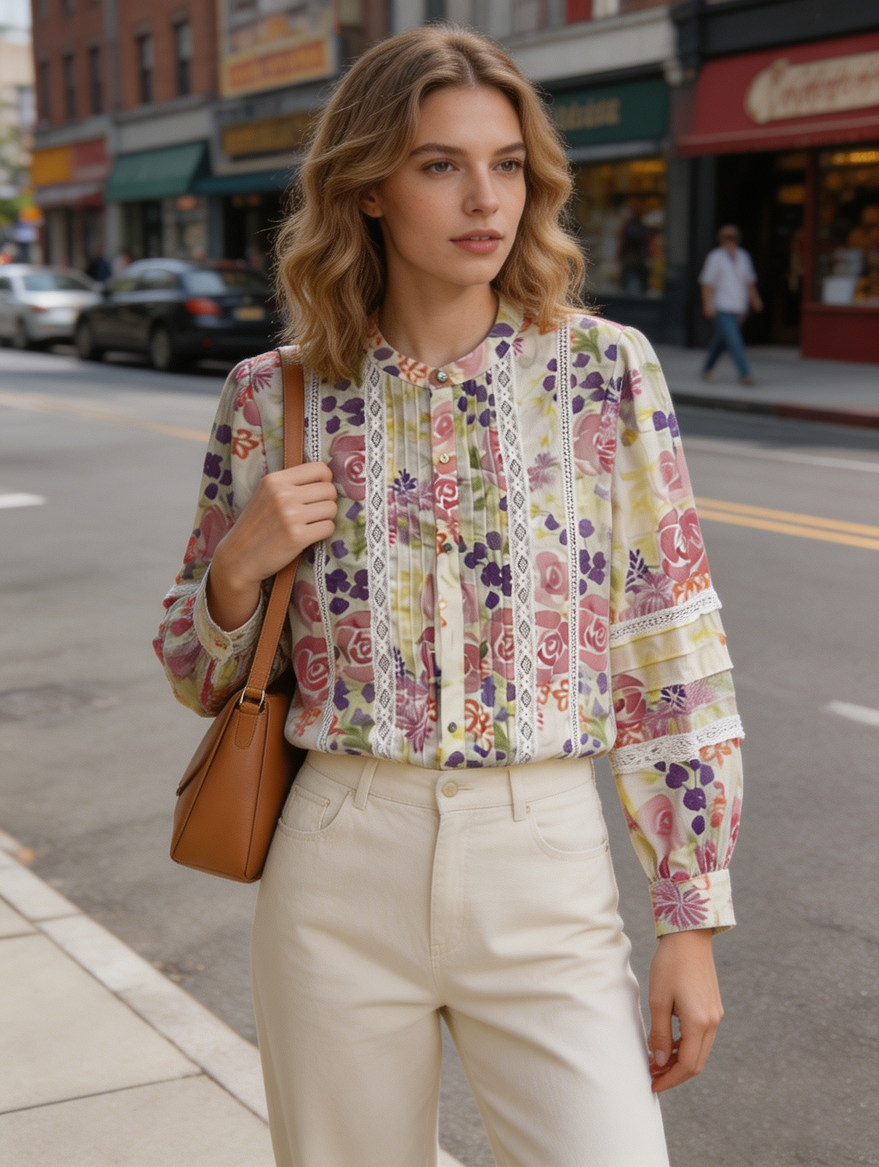 Boho Pink Floral Print Shirt - Lace Trim Relaxed Fit Blouse  D-42013