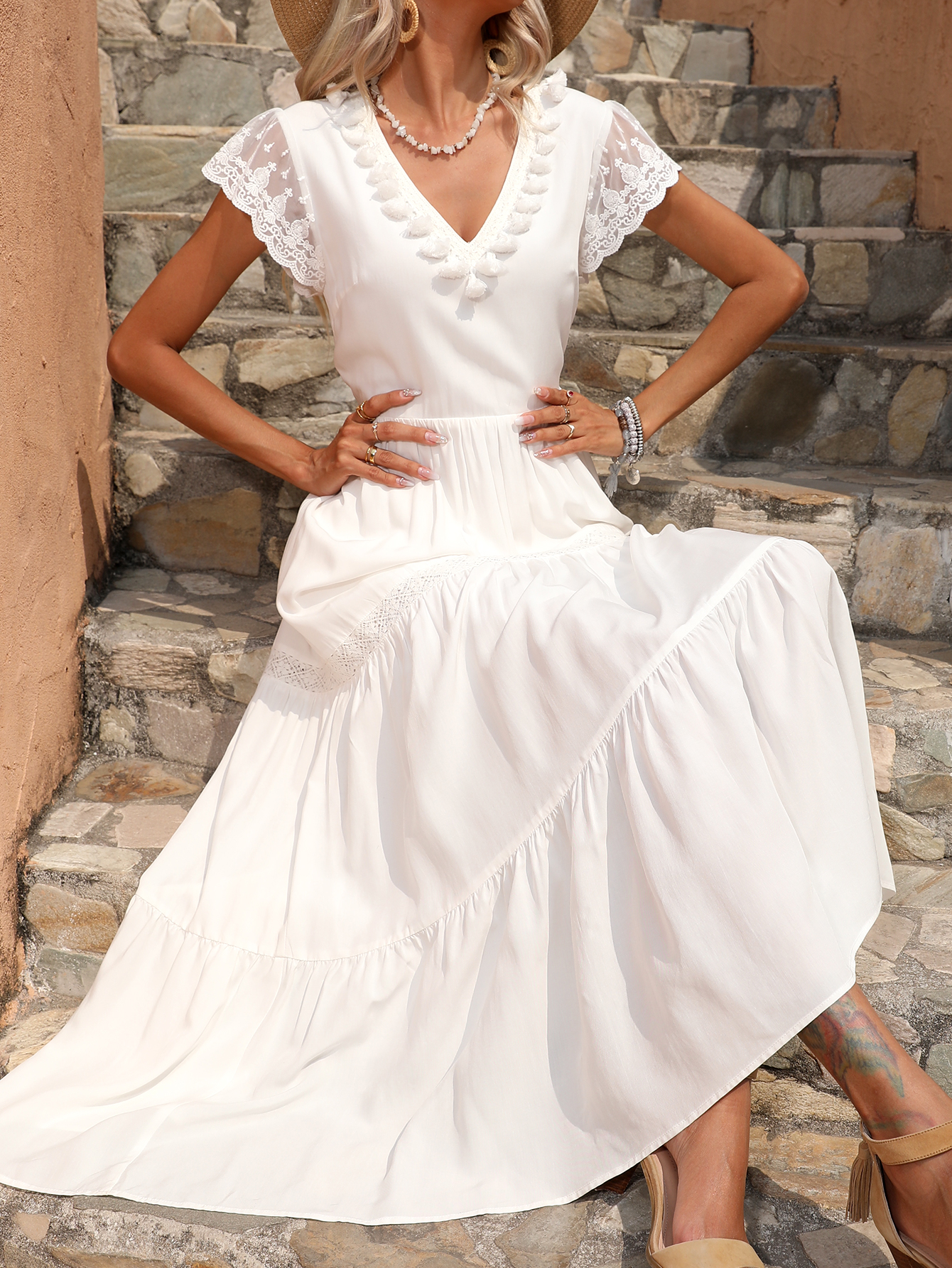 Women’s White Lace Trim V-Neck Tiered Midi Dress D-34632