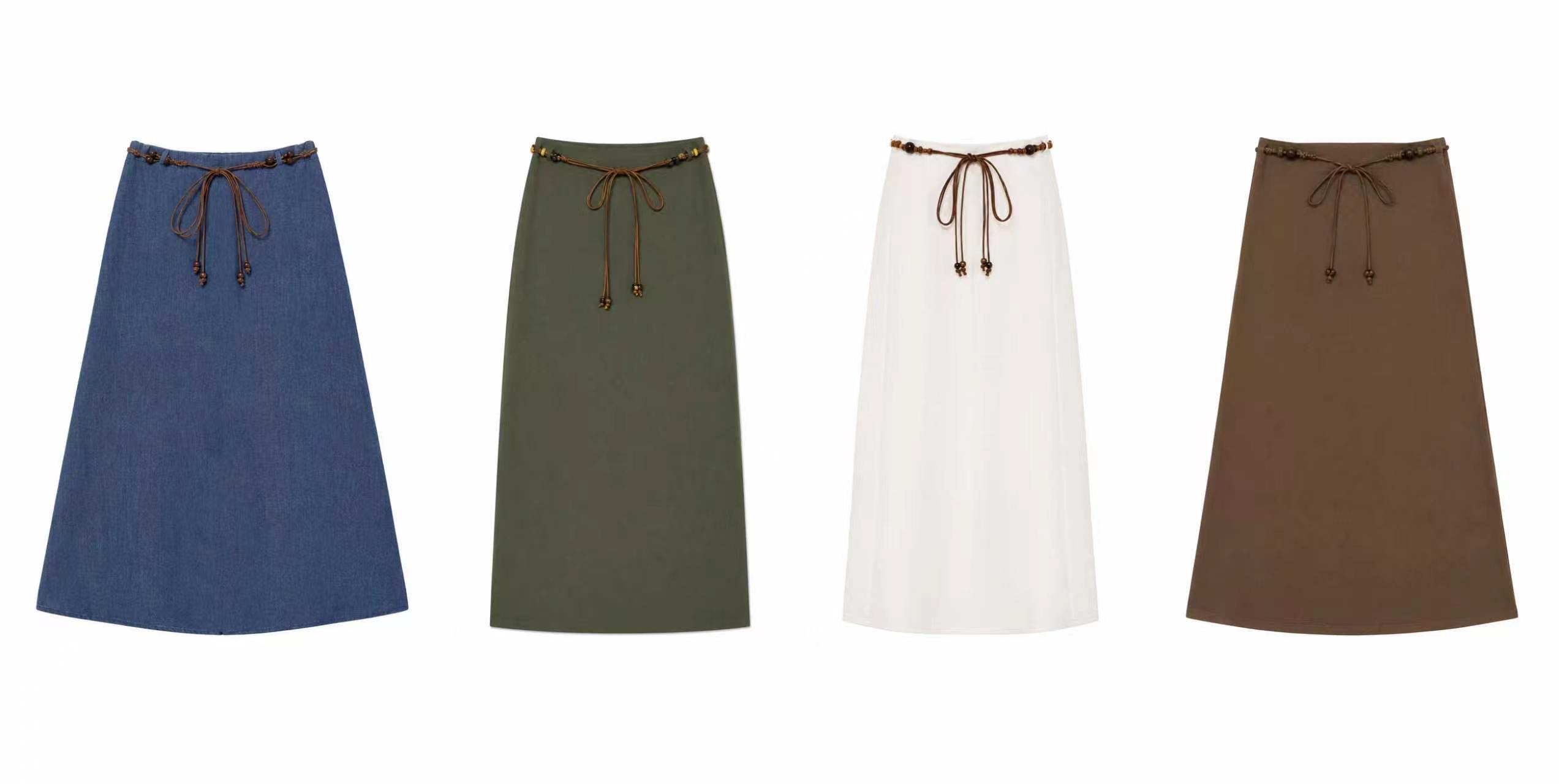 Linen-Blend A-Line Skirt with Beaded Belt AN-620050