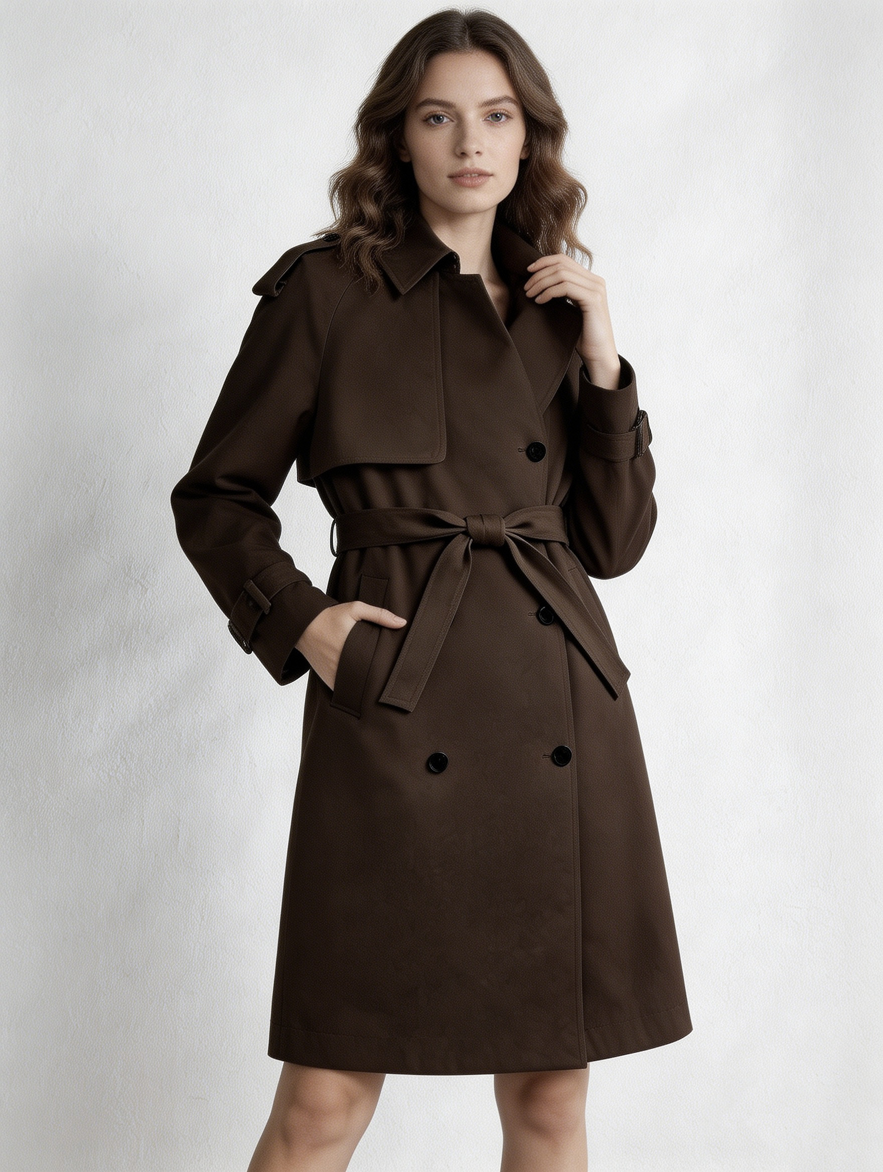 Women's Dark Brown Classic Double Breasted Belted Trench Coat C-42181
