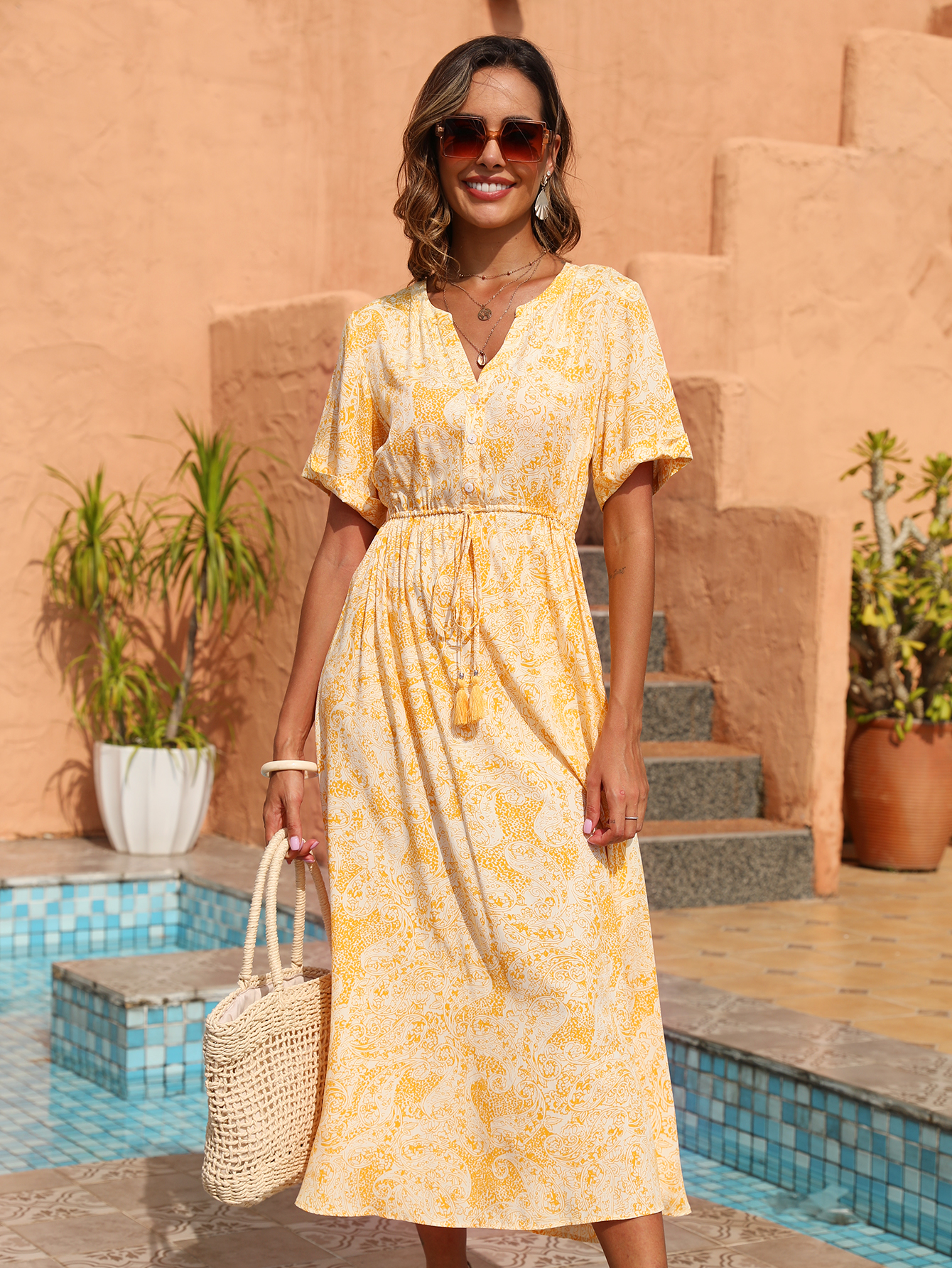 Women’s Summer Yellow Paisley Print Midi Dress D-35525