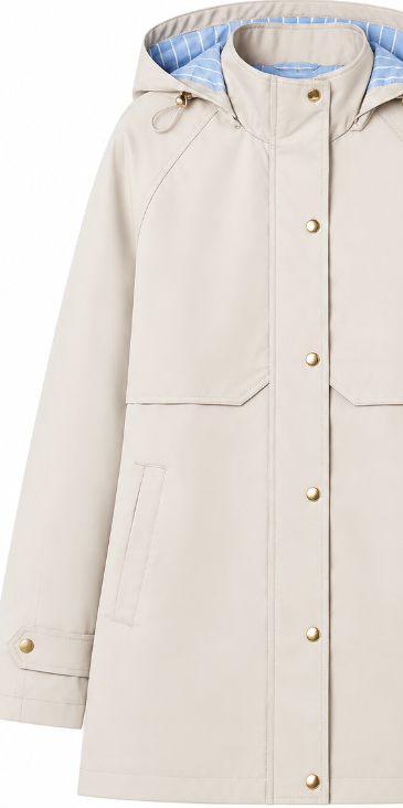 Beige Hooded Trench Coat with Plaid Lining & Gold Buttons WC-011