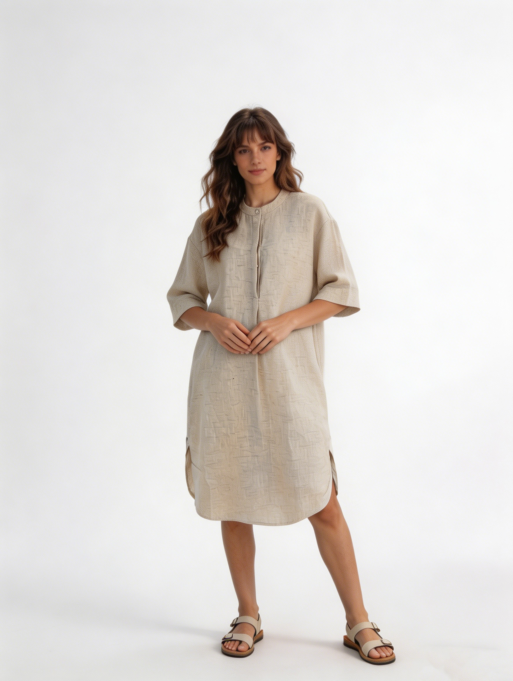 Boho Light Linen Tunic Dress - Short Sleeve Curved Hem Vacation Dress  A-39460