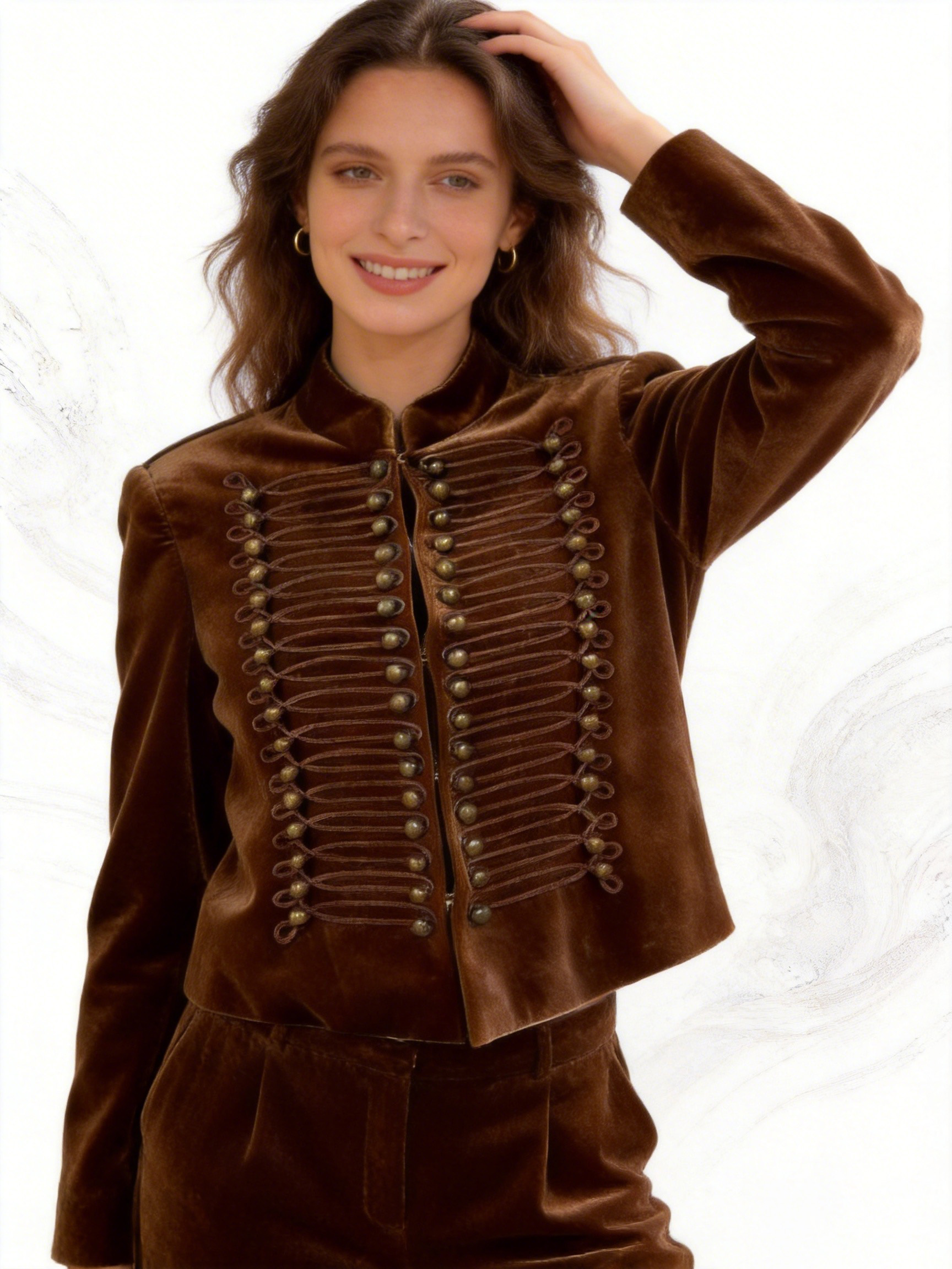 Chic Brown Velvet Parade Jacket - Double Row Button & Rope Trim Short Blazer W-39347