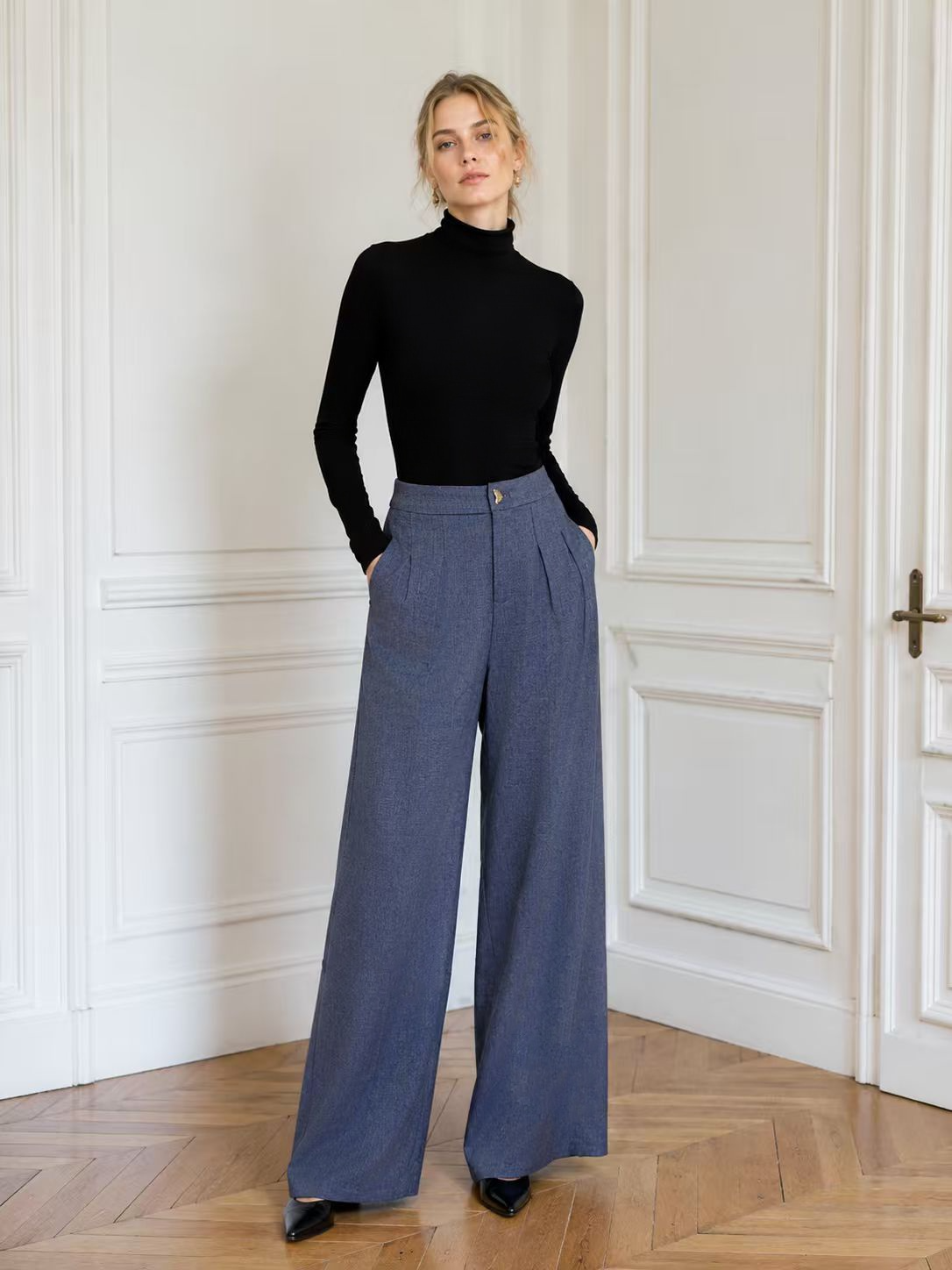 Elegant Blue Pleated Wide Leg Pants - Office Casual Trousers S-2544