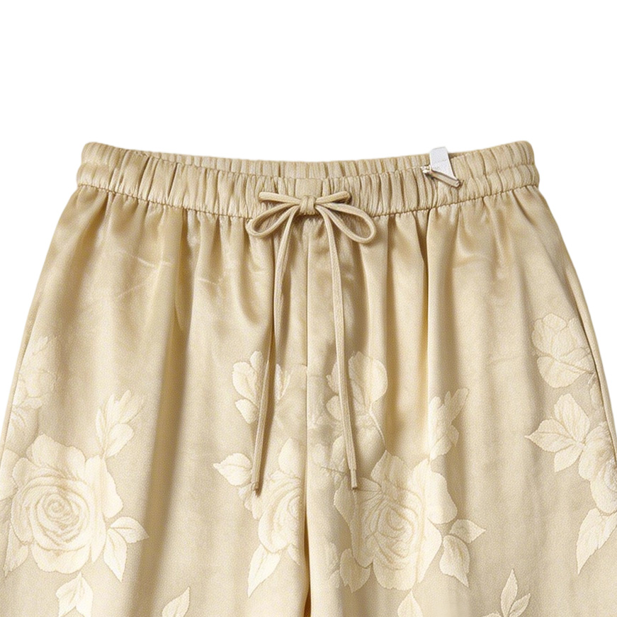 Women's Champagne Satin Wide Leg Pants - Rose Jacquard Drawstring Waist Trousers W-38546