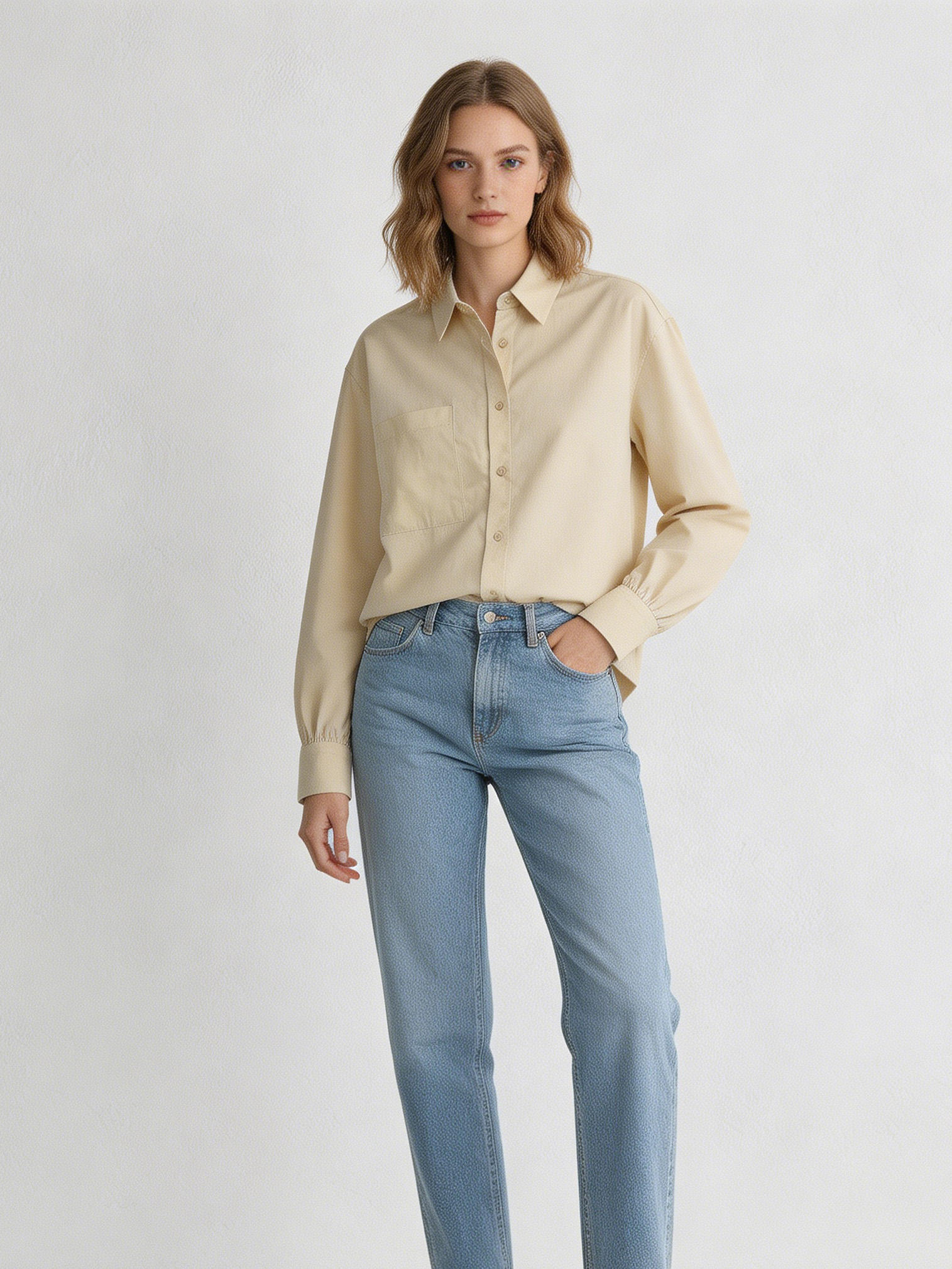 Old Money Style Beige Oversized Shirt - Long Sleeve Casual Top  S-2525