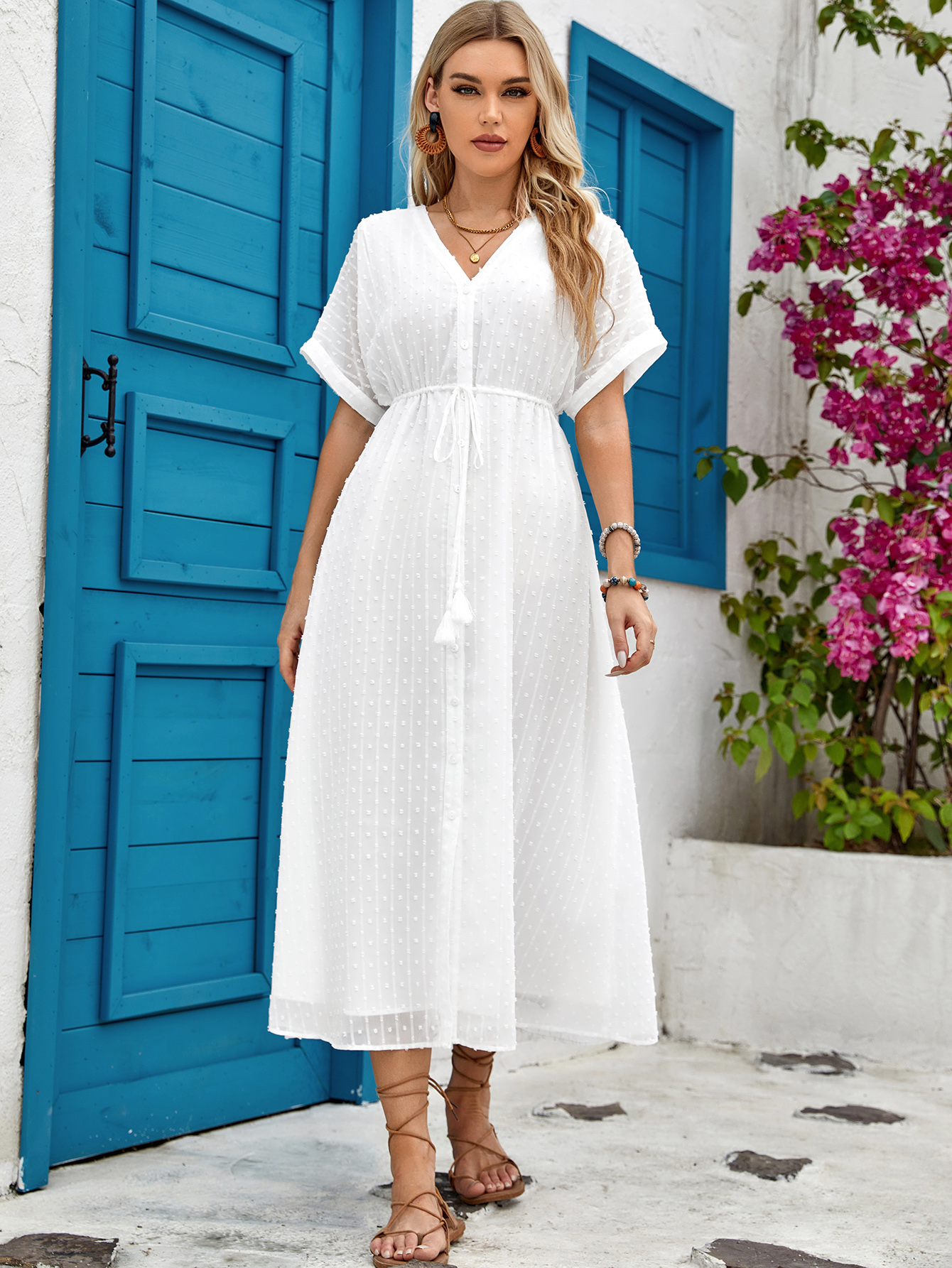 Women’s White Swiss Dot Boho Tassel Drawstring Midi Dress D-35487