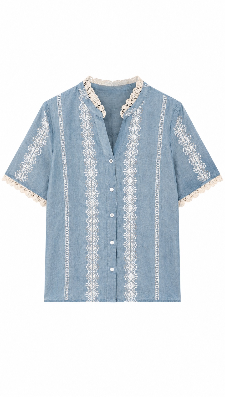Linen-Blend Blouse with White Lace & Embroidery LA-810001