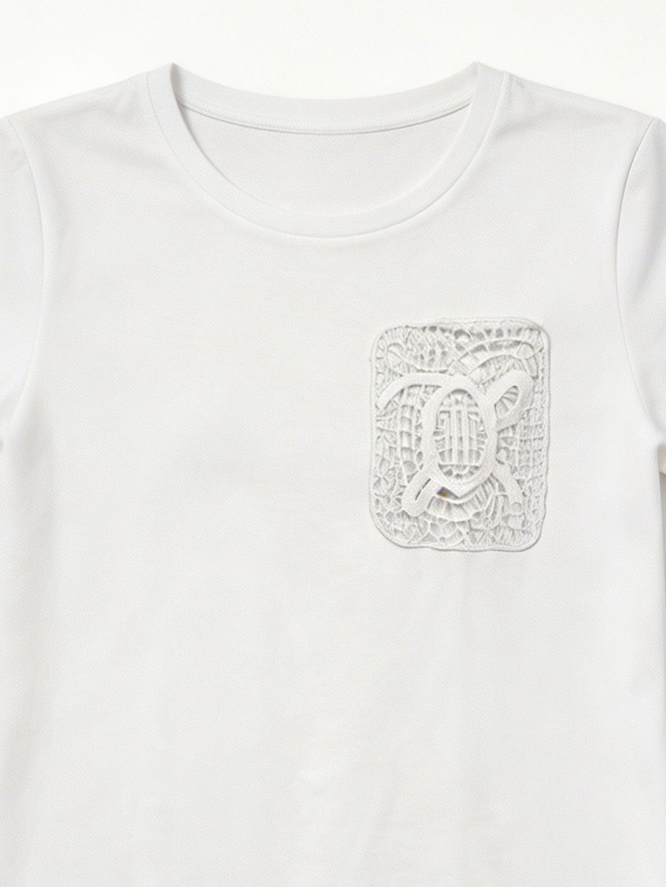 Elegant Tone-on-Tone Lace Applique Pocket Blouse with Crochet Detail Sleeve Trim M-42165