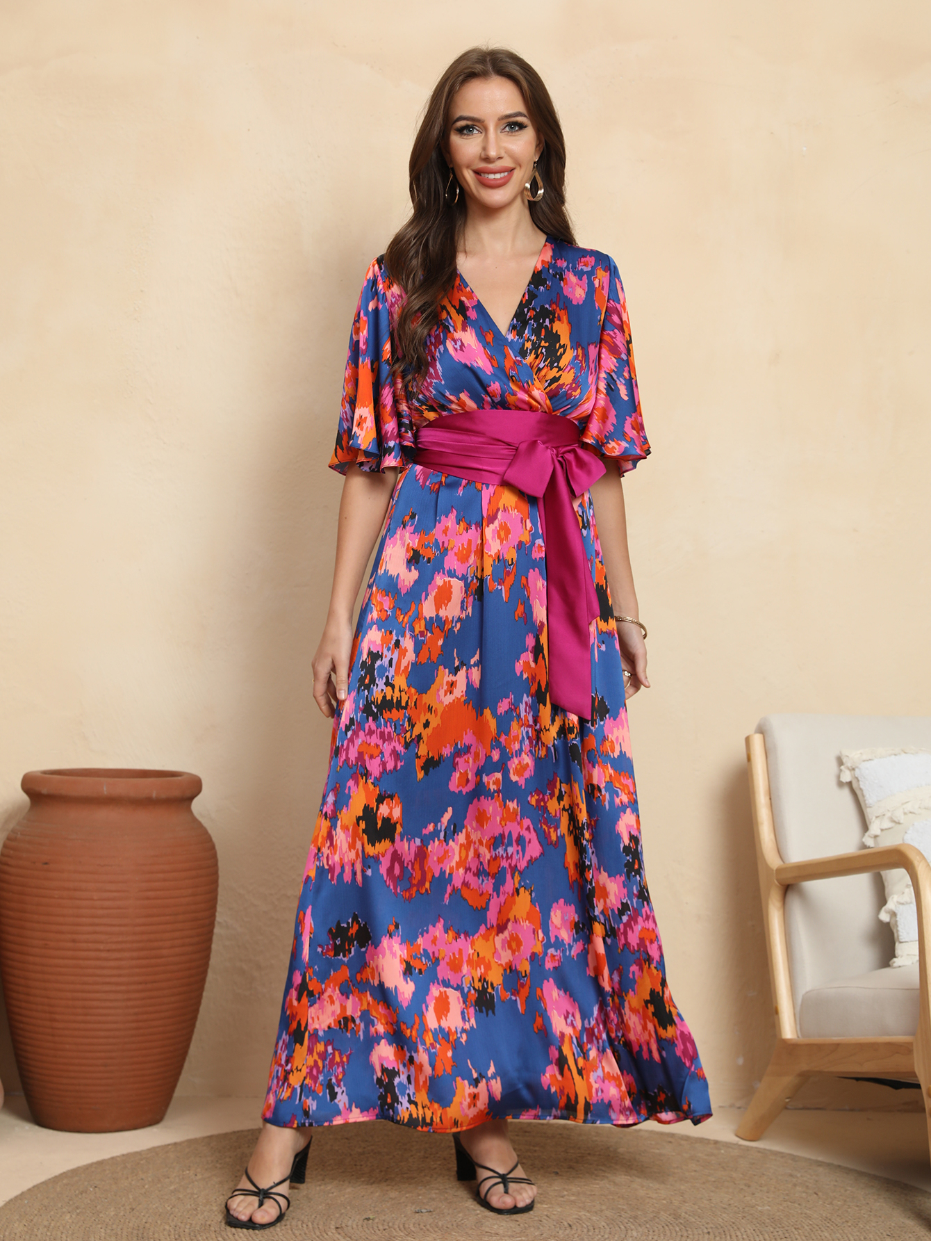 Vibrant Floral Wrap Belted Flutter Sleeve Maxi Dress W-32906