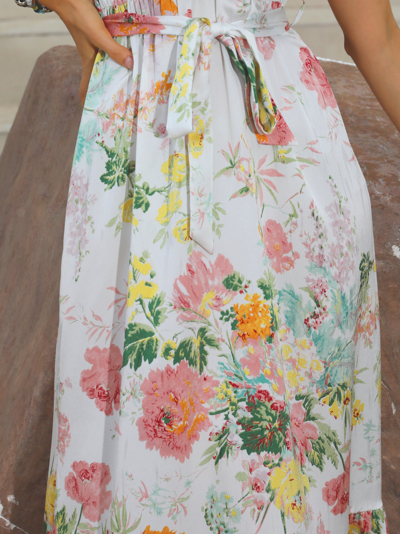 Women’s Lace Trim Floral Boho Midi Dress W-32705