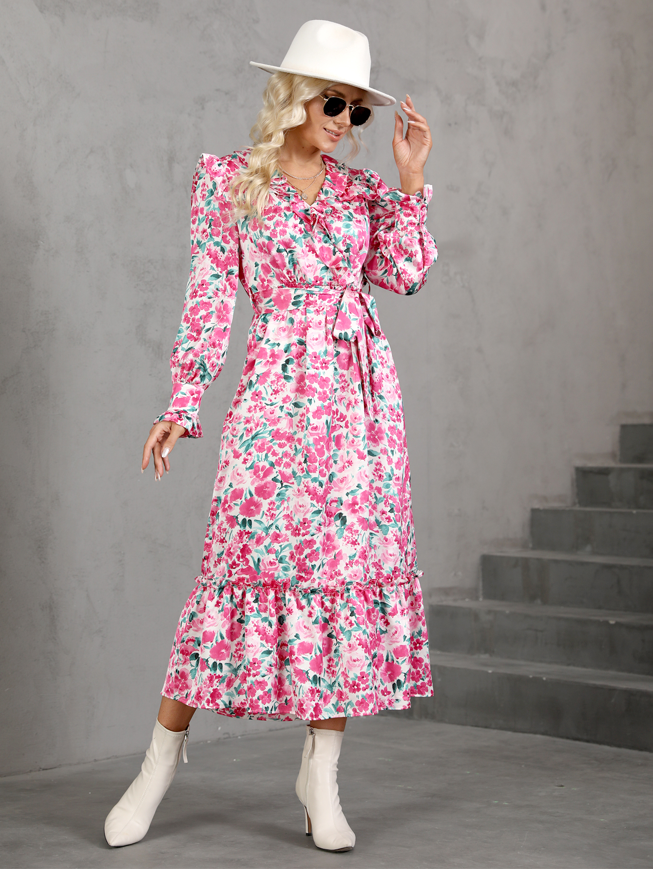 Pink Floral V-Neck Tie Waist Ruffle Hem Midi Dress W-33410