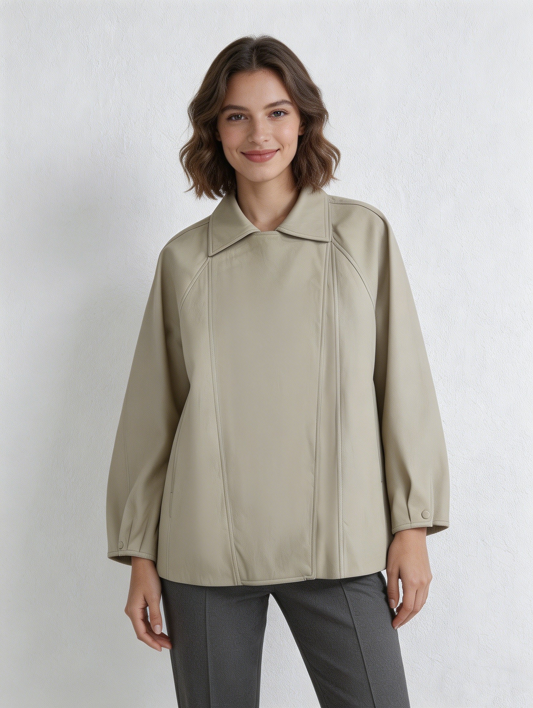 Old Money Style Light Beige Faux Leather Jacket - Oversized Lapel Drawstring Waist Coat  57722