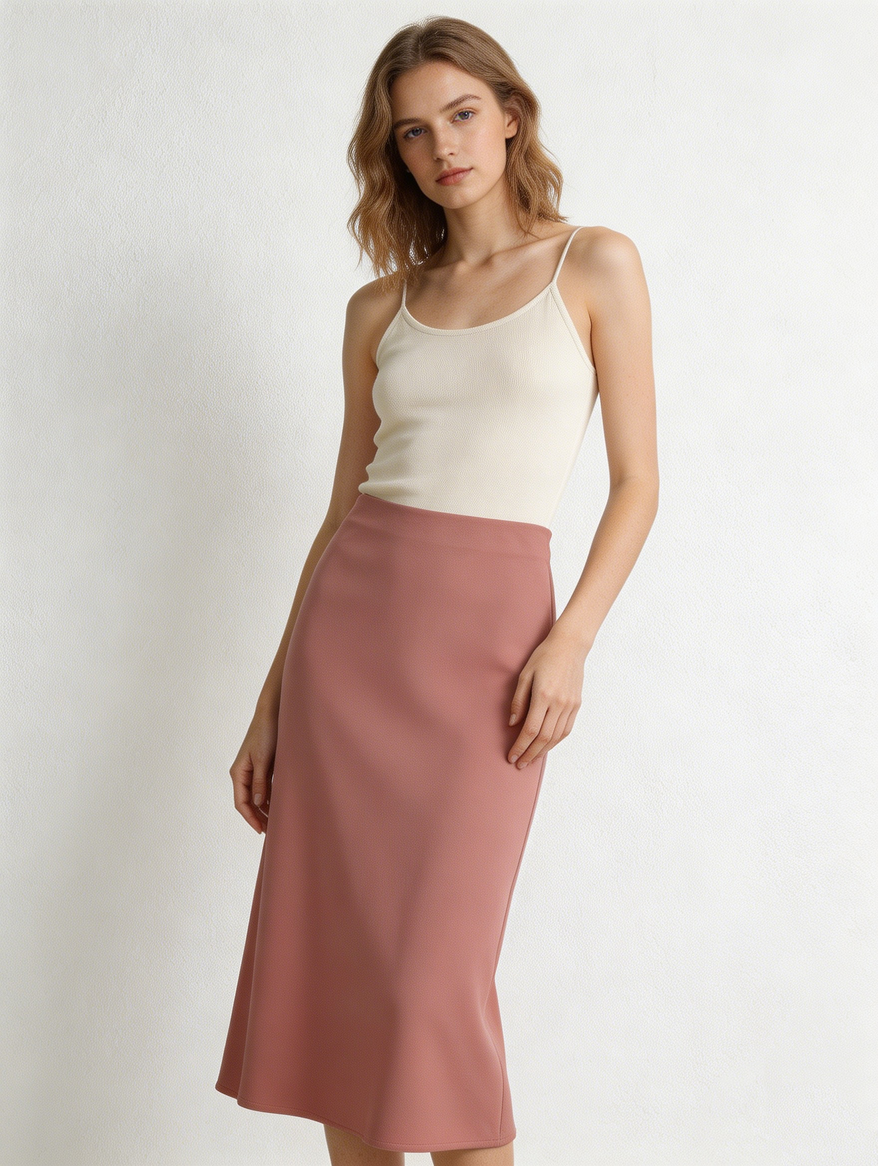 Elegant Dusty Pink Midi Skirt - High Waist Relaxed Fit Bottom  W-40293