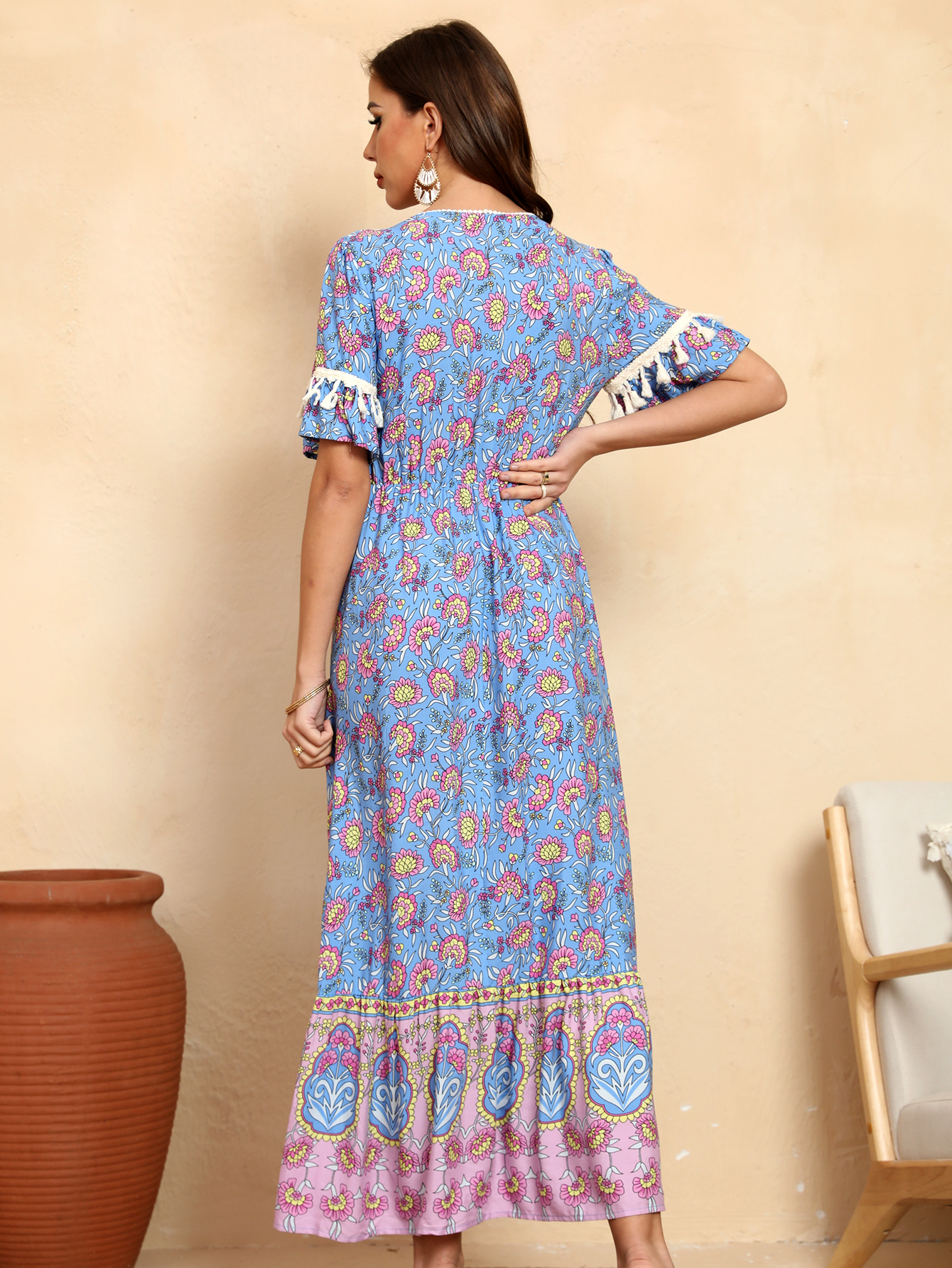 Women’s Boho Floral Tassel Trim Maxi Dress D-34727