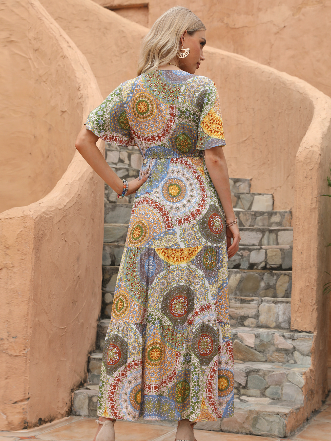 Women’s Boho Patchwork Print V-Neck Flowy Maxi Dress D-35272