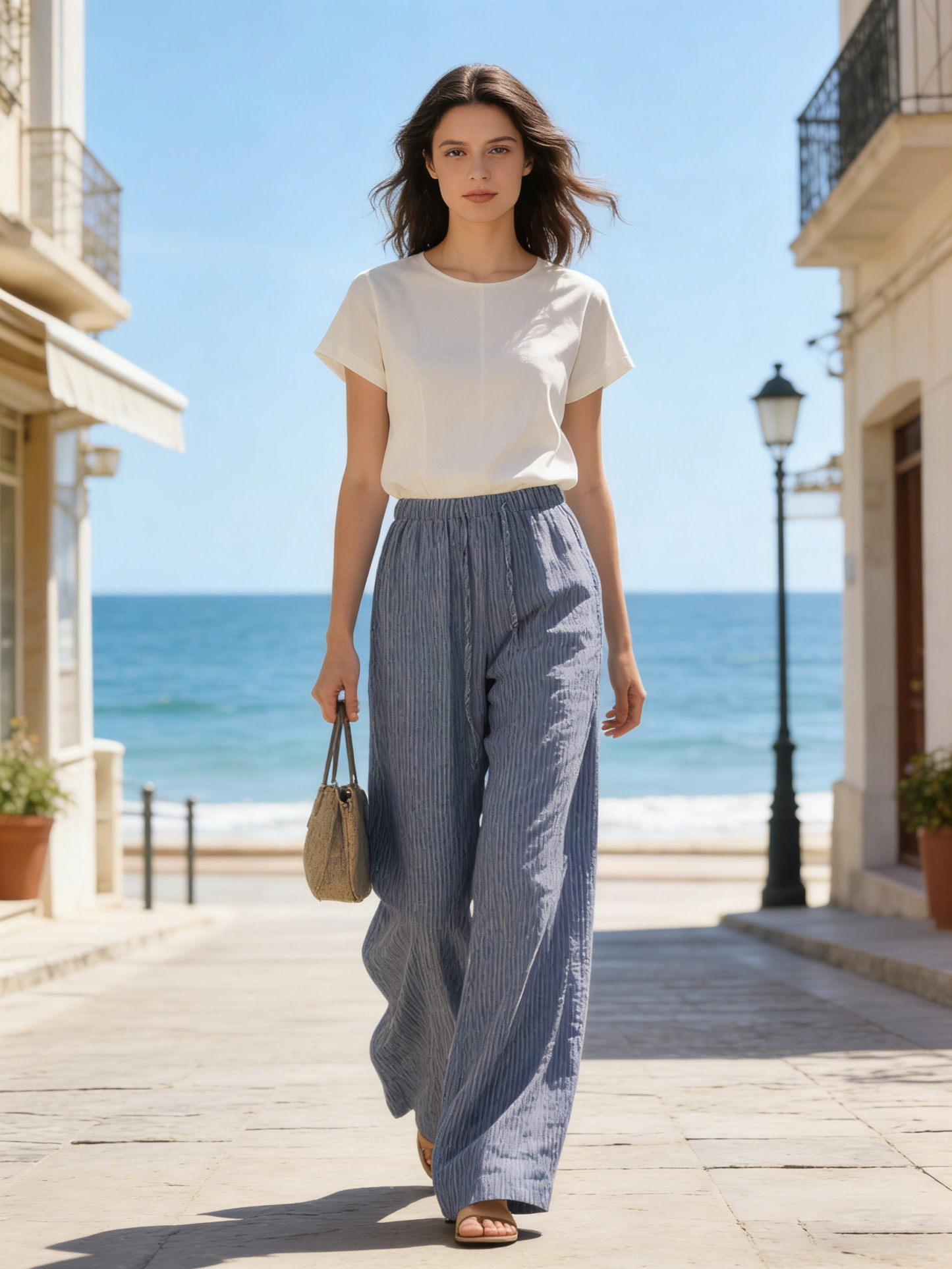 Blue Striped Linen-Blend Wide Leg Pants - Drawstring Waist Casual Trousers S-2543