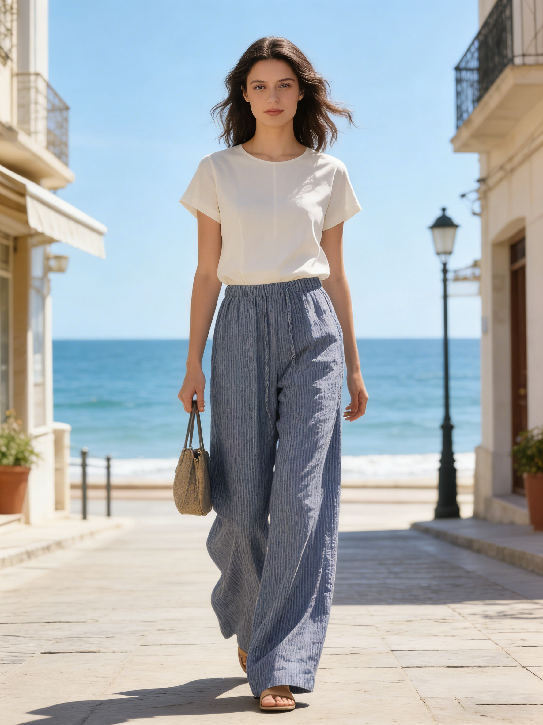 Blue Striped Linen-Blend Wide Leg Pants - Drawstring Waist Casual Trousers S-2543