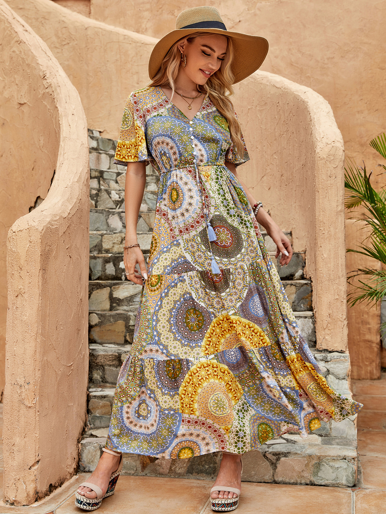 Women’s Boho Patchwork Print V-Neck Flowy Maxi Dress D-35272