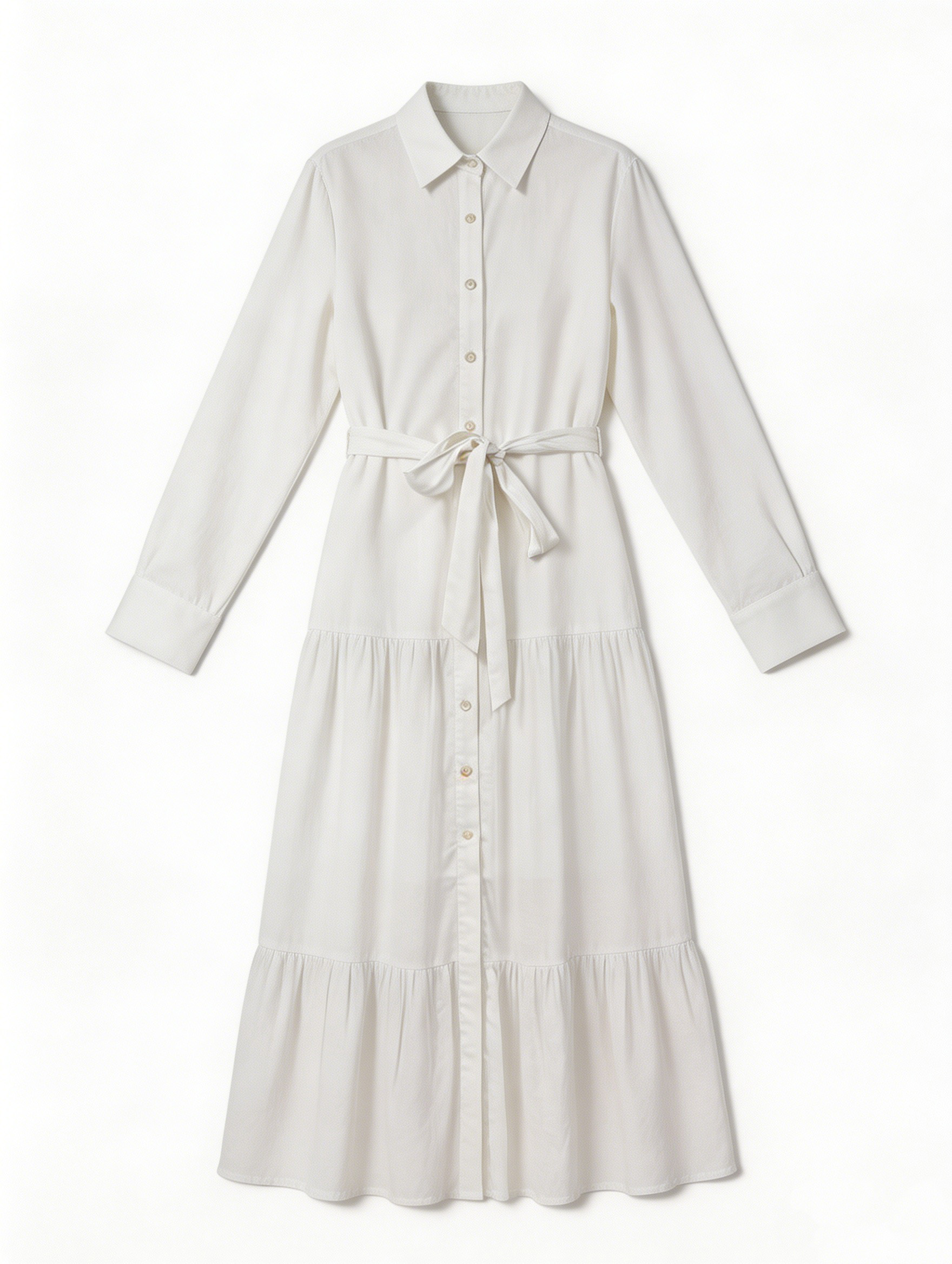 Classic White Shirt Dress - High-Waisted Belted Midi Dress S-2527