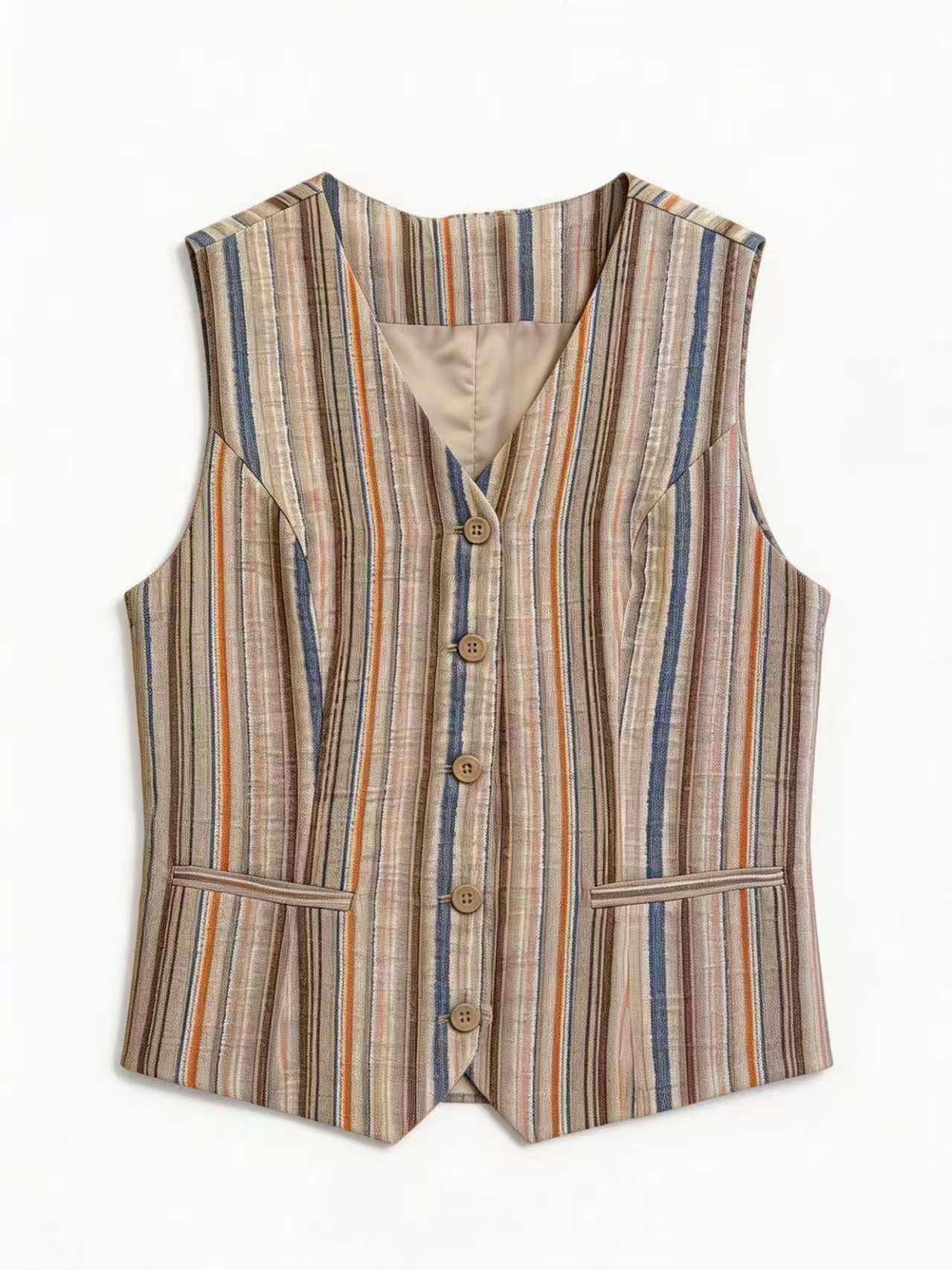 Oriental Style Multicolor Stripe Suit - V-Neck Vest & High Waist Trousers D-42125