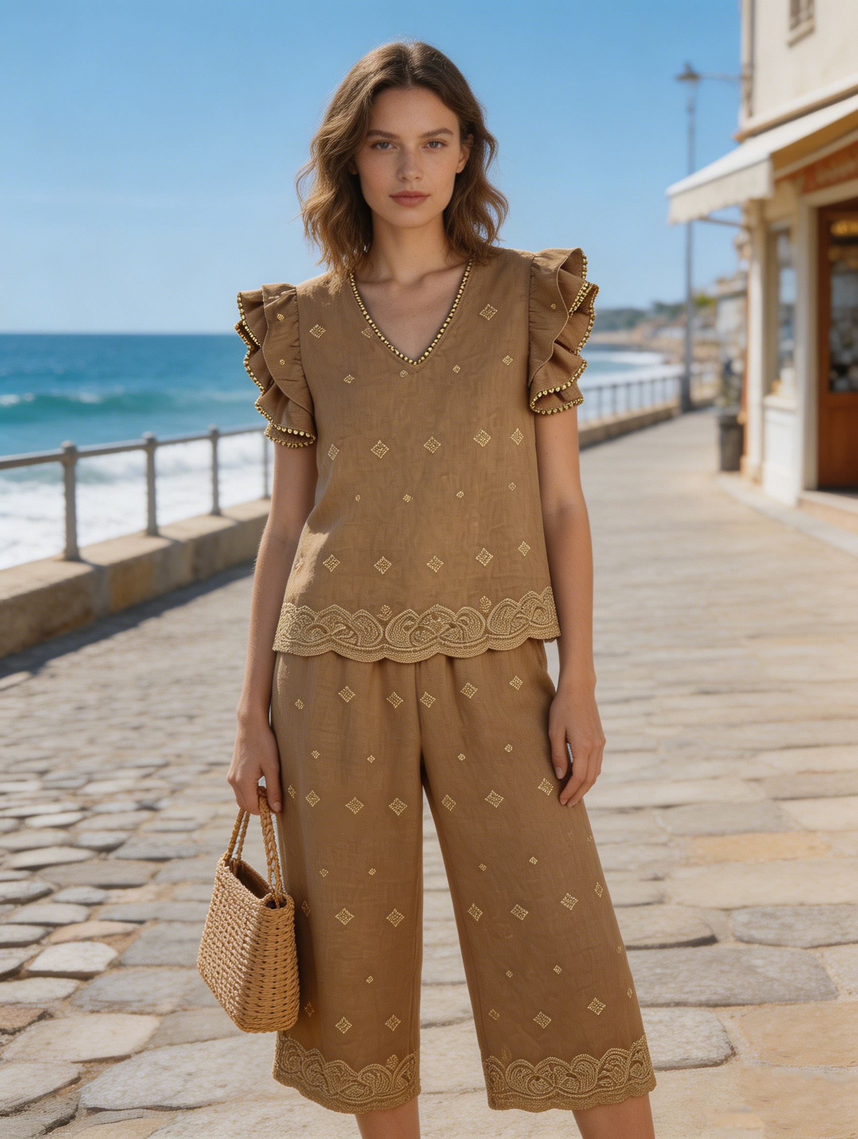 Women's Khaki Geometric Embroidered Two Piece Set - Ruffle Sleeve Top & Wide Leg Pants D-42075+D-42076