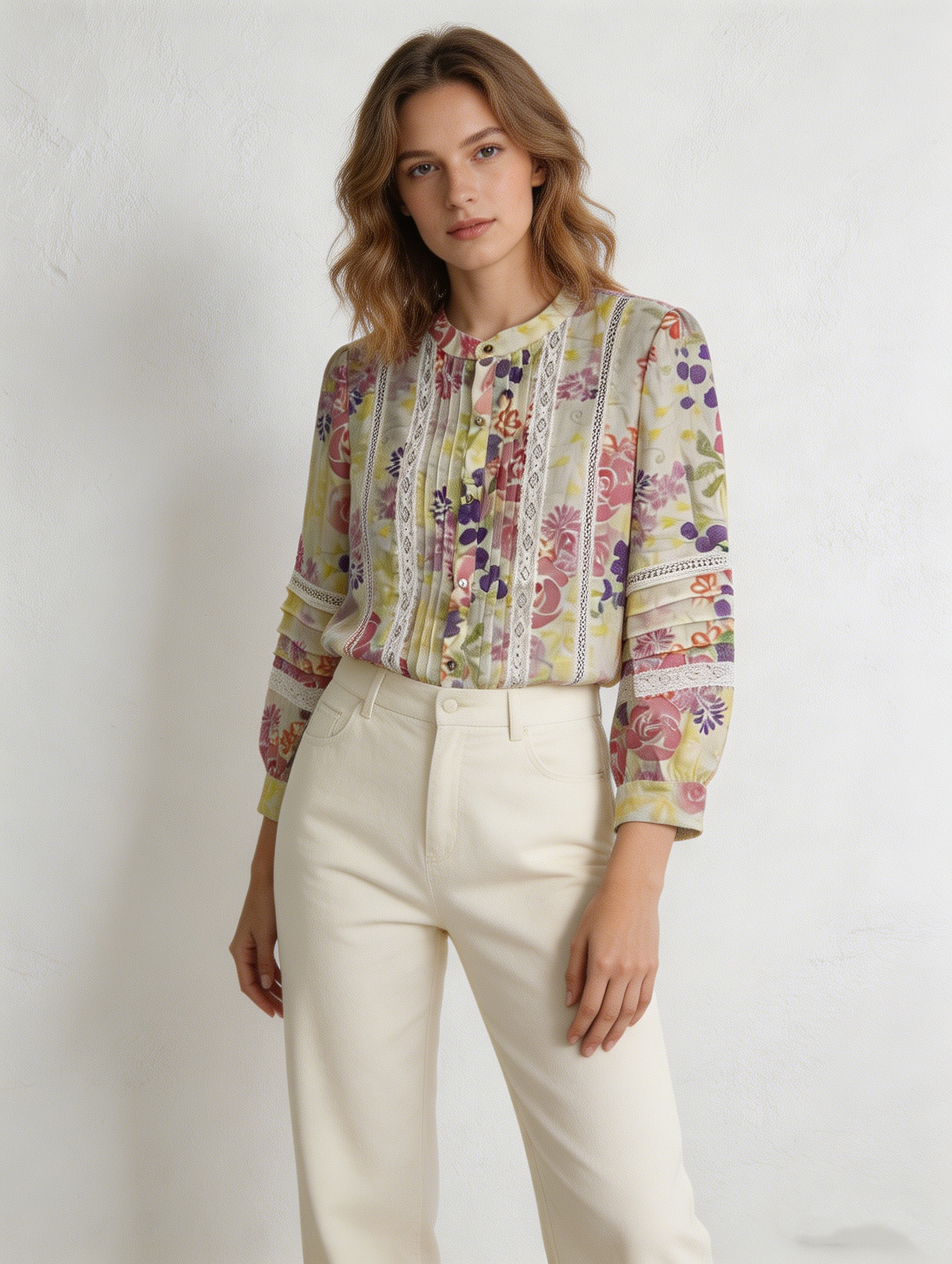 Boho  Floral Print Shirt - Lace Trim Relaxed Fit Blouse AN-710007