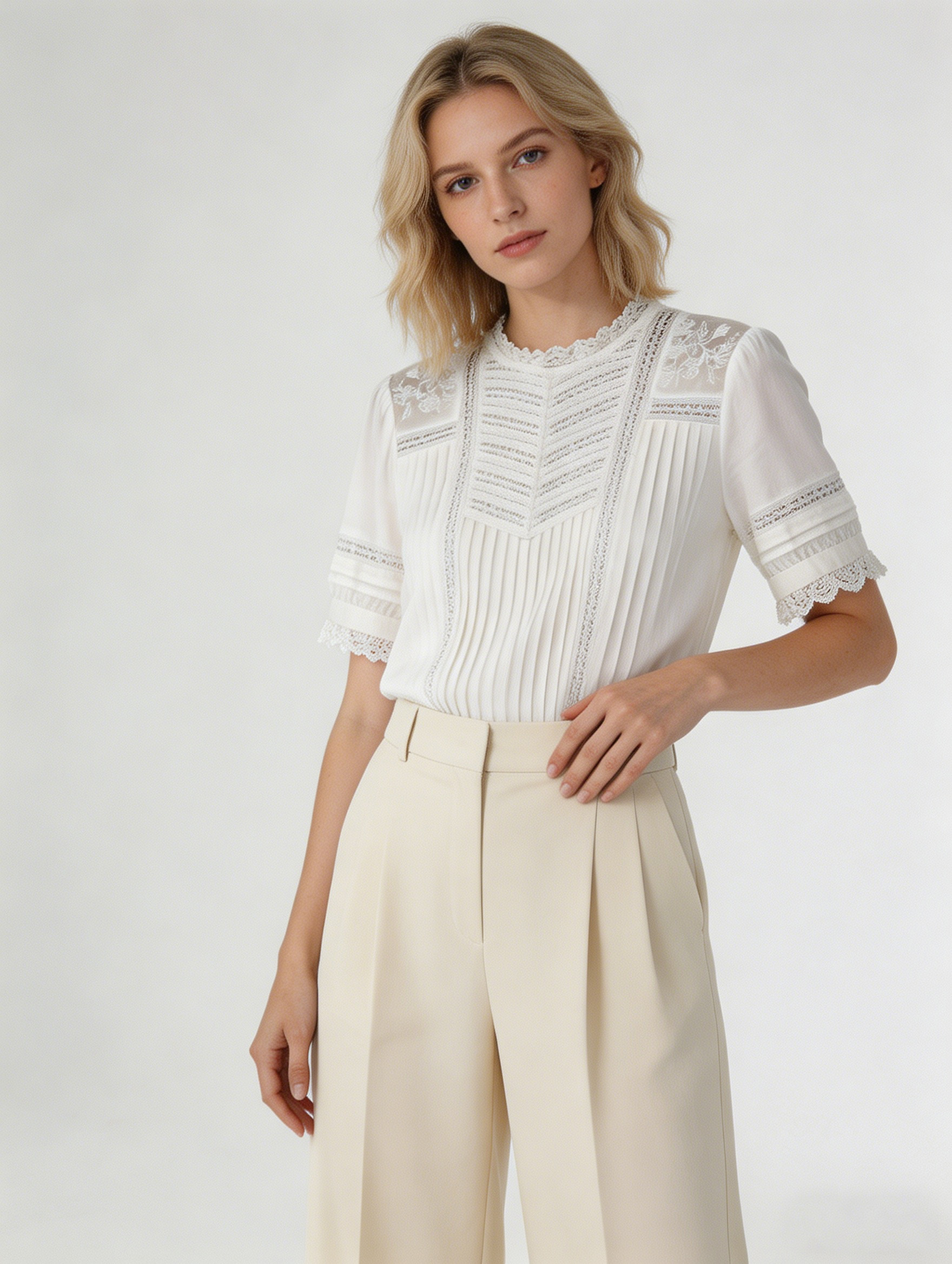 Minimalist White Pleated Lace Blouse - Premium Boho Fashion M-42885