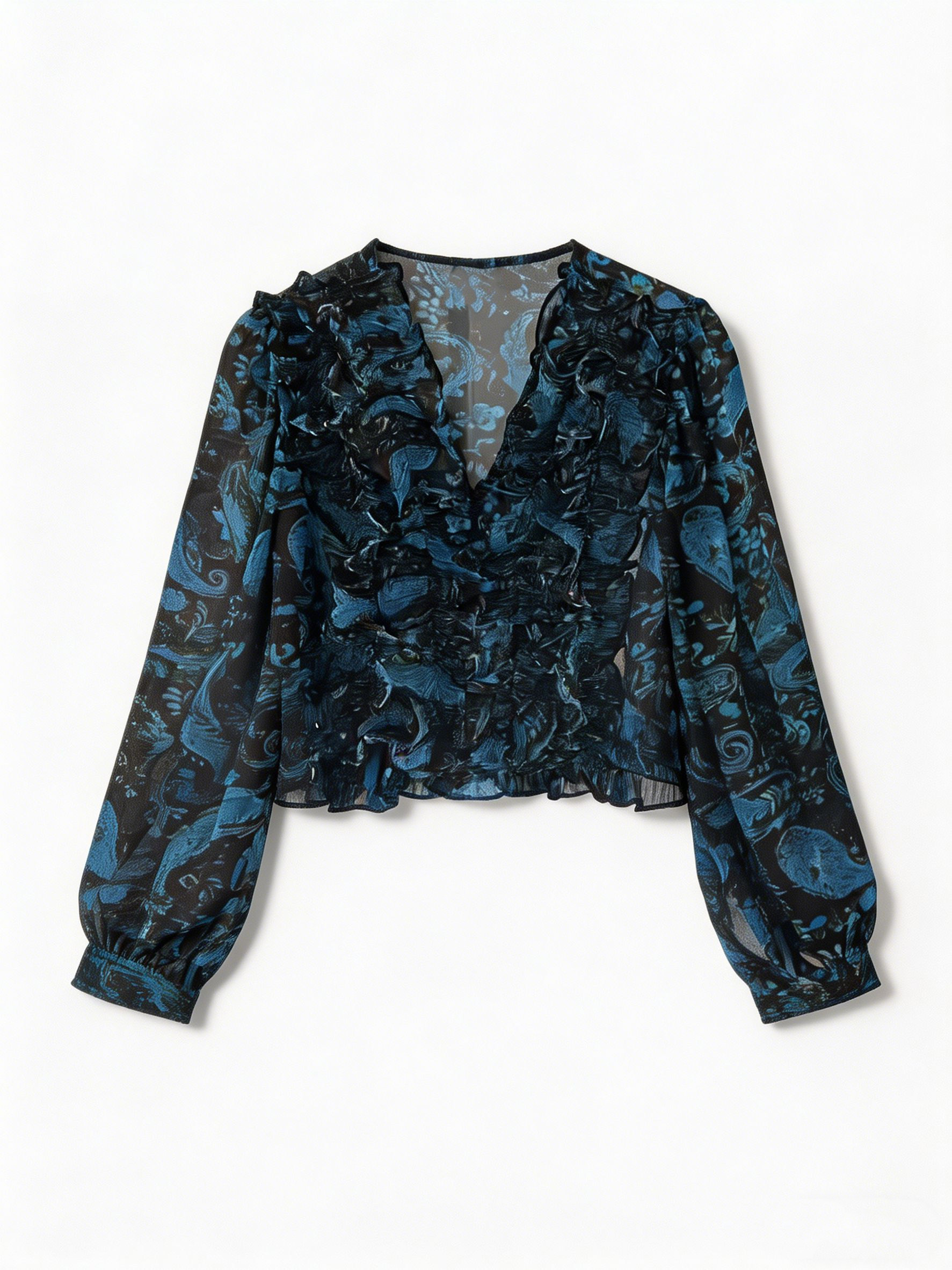 Women’s Sheer Paisley Ruffle V Neck Cropped Chiffon Blouse XW-251202