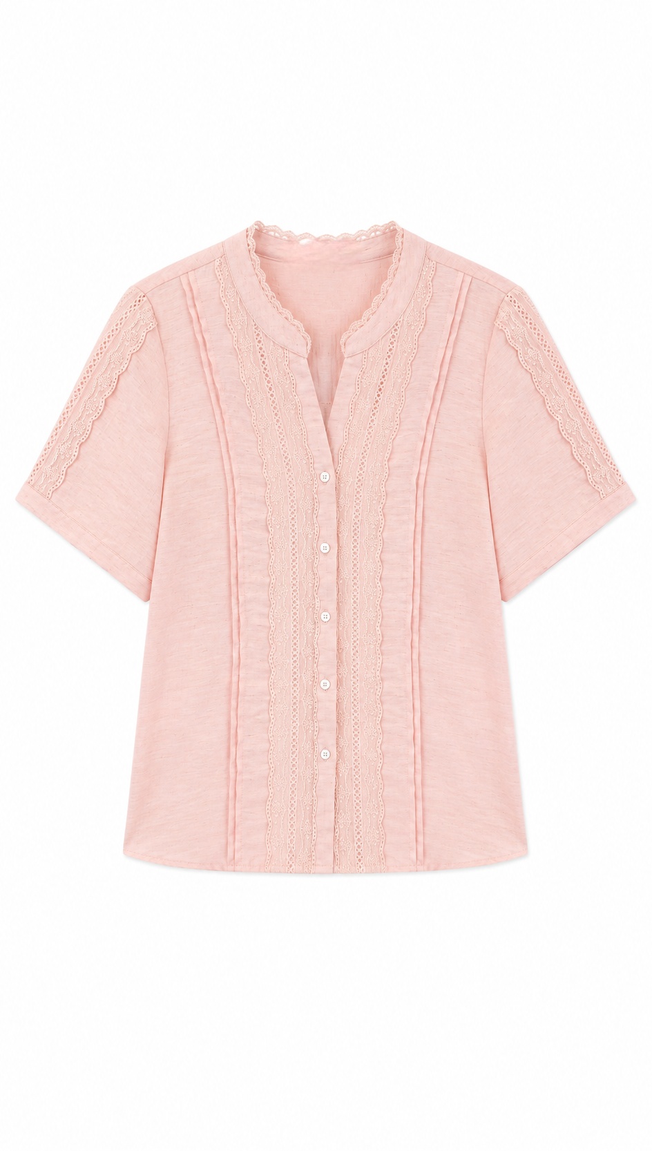 Linen-Blend Lace Trim Short-Sleeve Blouse LA-780002