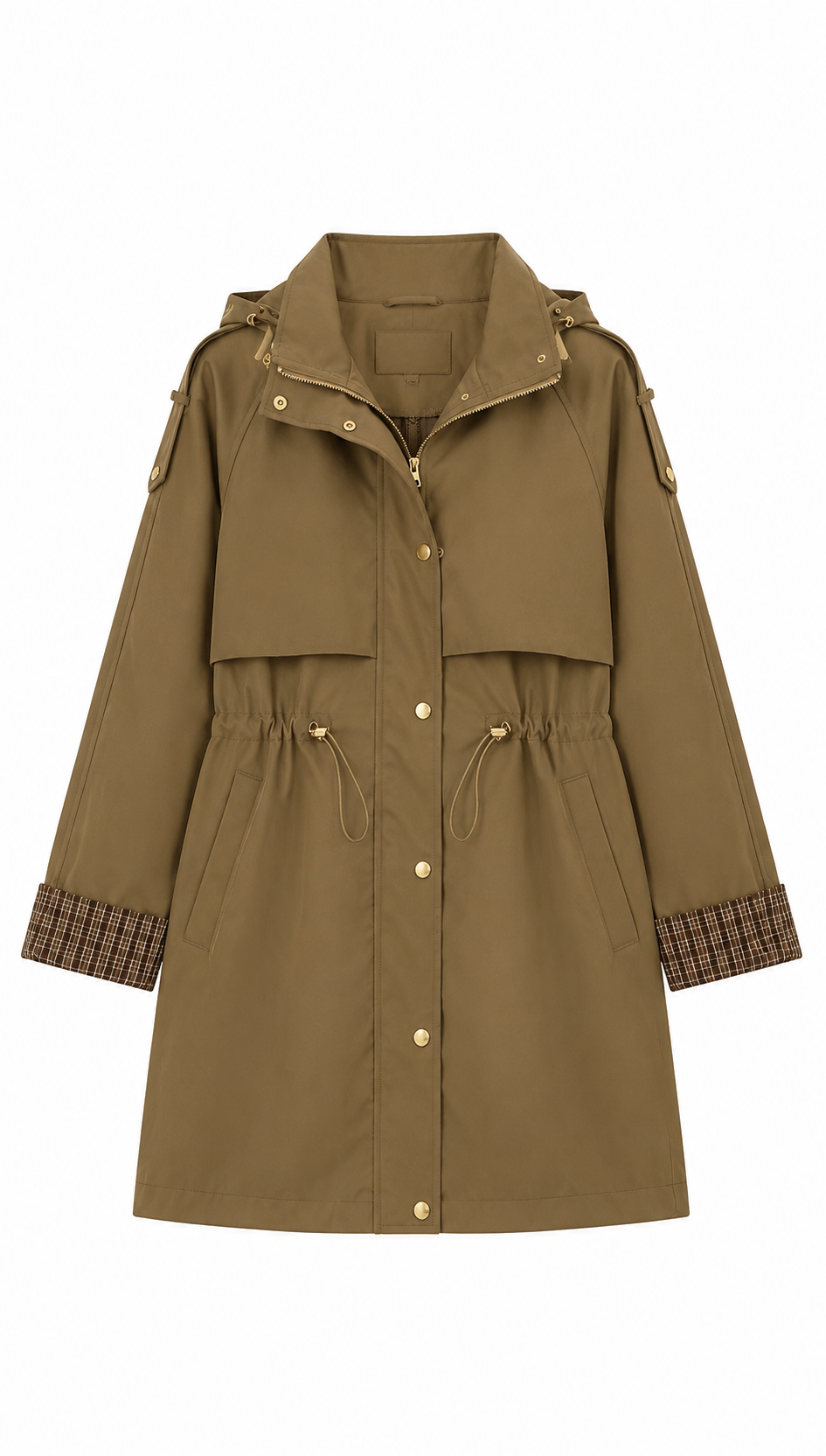 Khaki Drawstring Waist Trench Coat with Plaid Cuffs WC-004