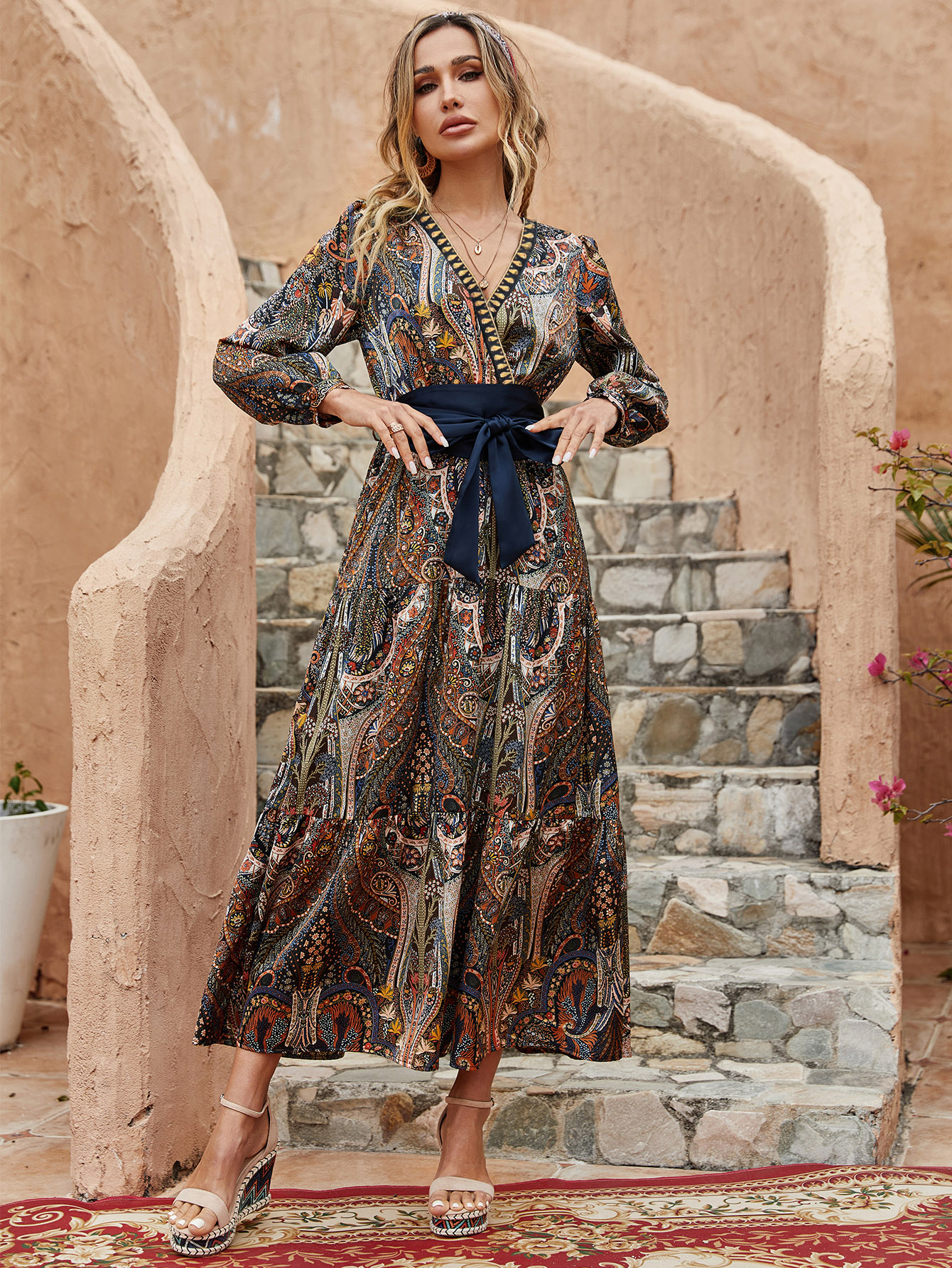 Vintage Boho Paisley Midi Dress with Tie Waist – Spring Summer Casual Elegance W-34218 改款式