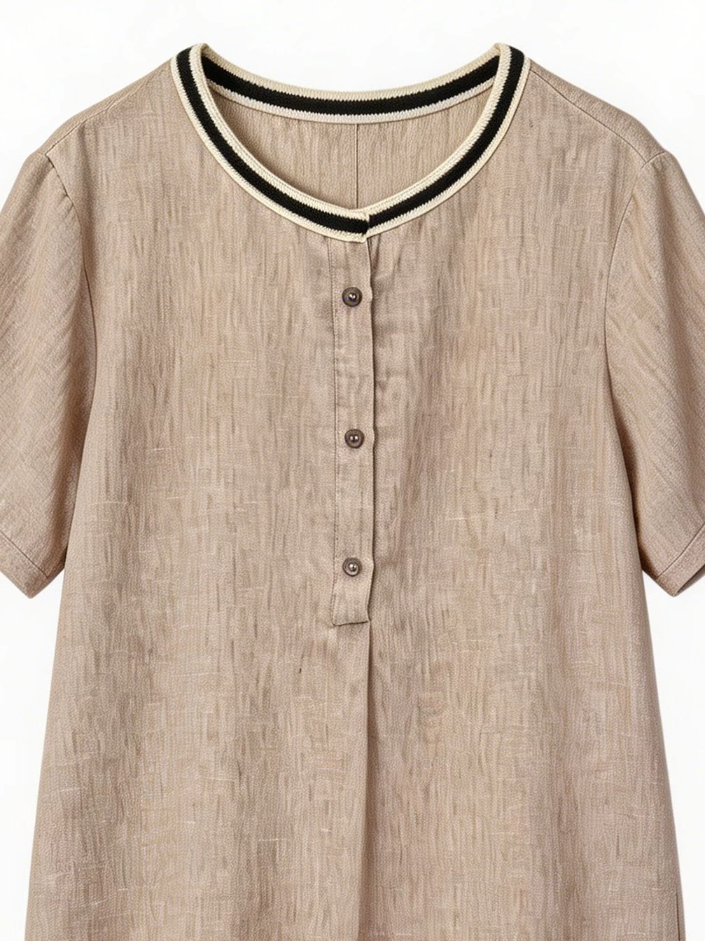 Blue Linen-Blend Tunic Dress with Contrast Neckline Trim AN-750015