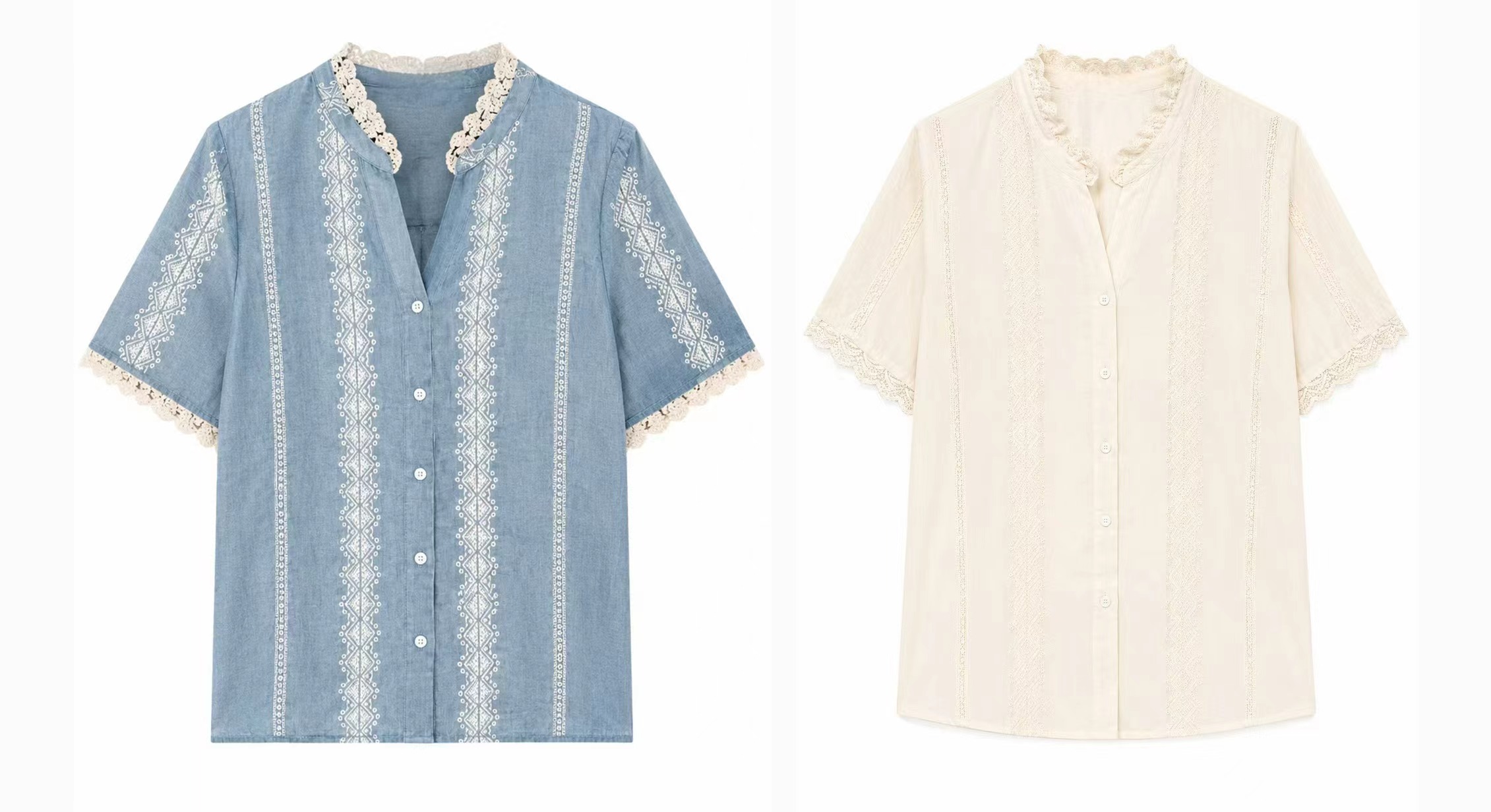 Linen-Blend Blouse with White Lace & Embroidery LA-810001