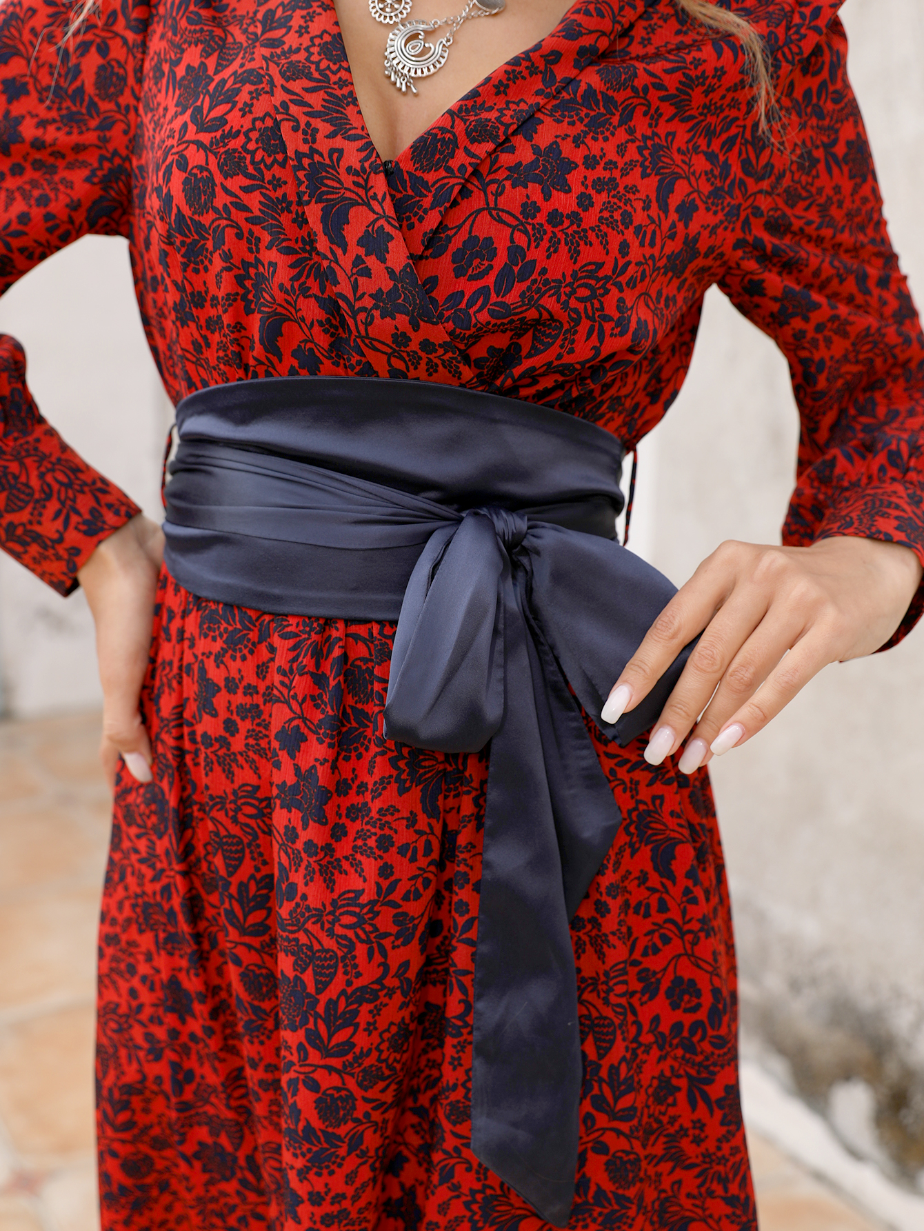 Women’s Vintage Floral Boho Midi Dress – Long Sleeve V-Neck with Waist Tie D-33967