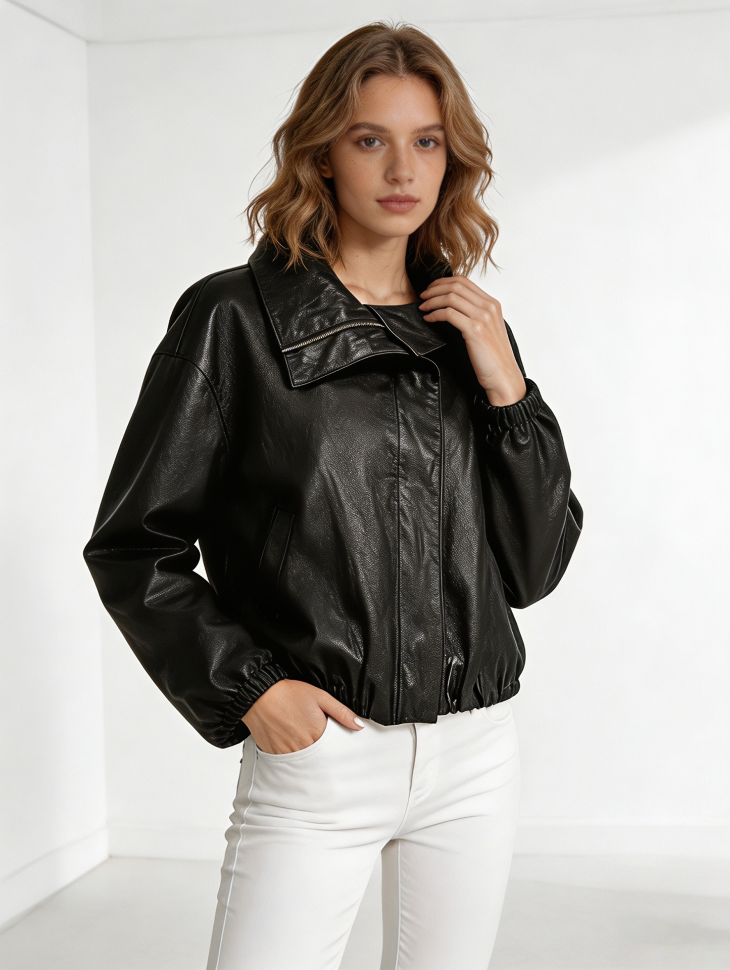 Black Faux Leather Oversized Cropped Jacket - High Neck Biker Jacket 57671