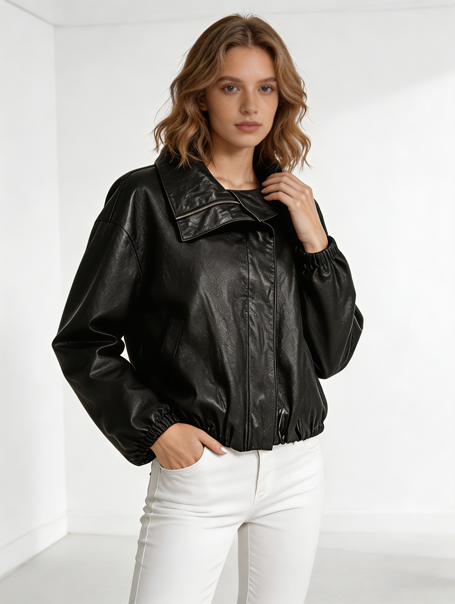 Black Faux Leather Oversized Cropped Jacket - High Neck Biker Jacket 57671
