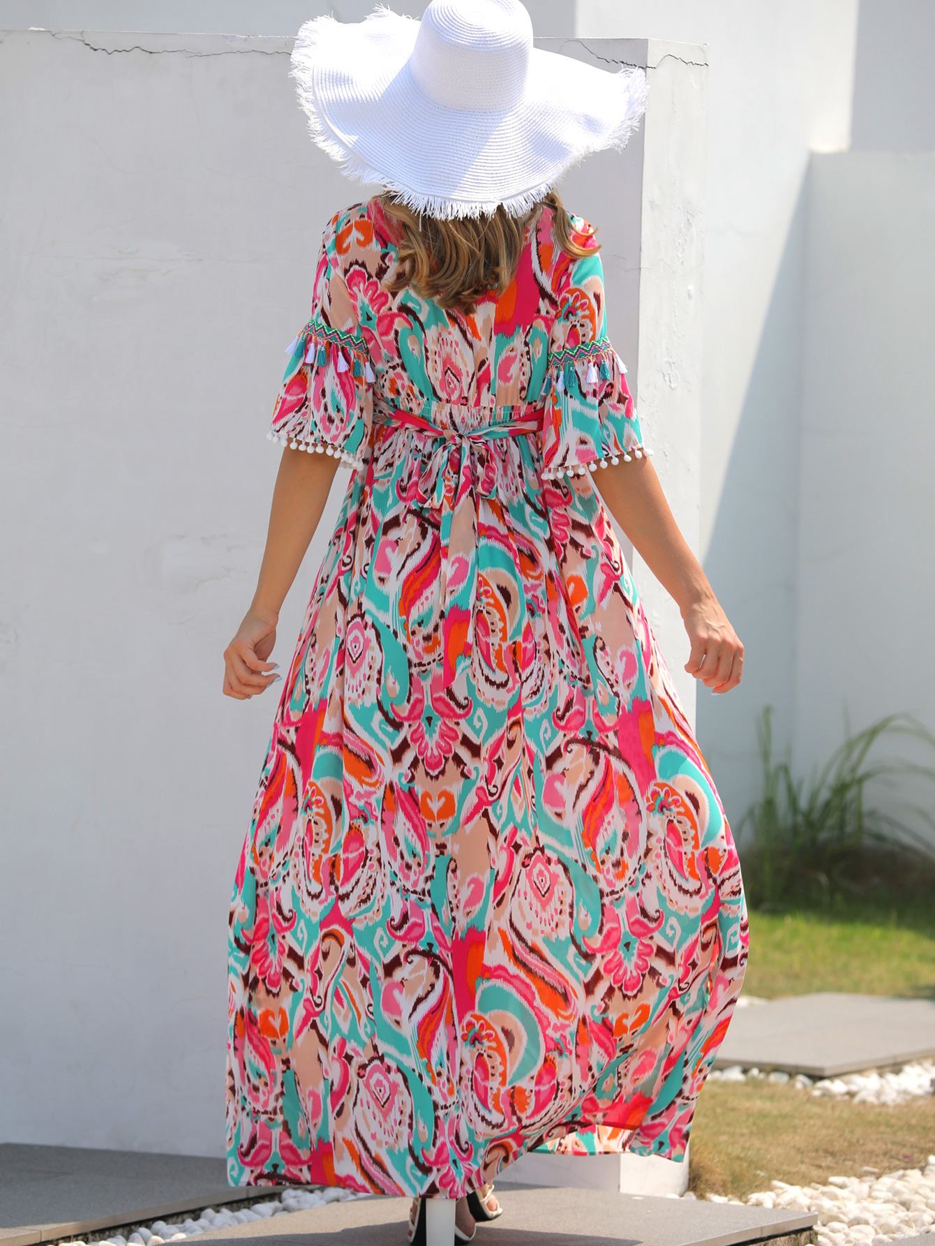 Women’s Boho Abstract Print Tassel V-Neck Maxi Dress W-32444