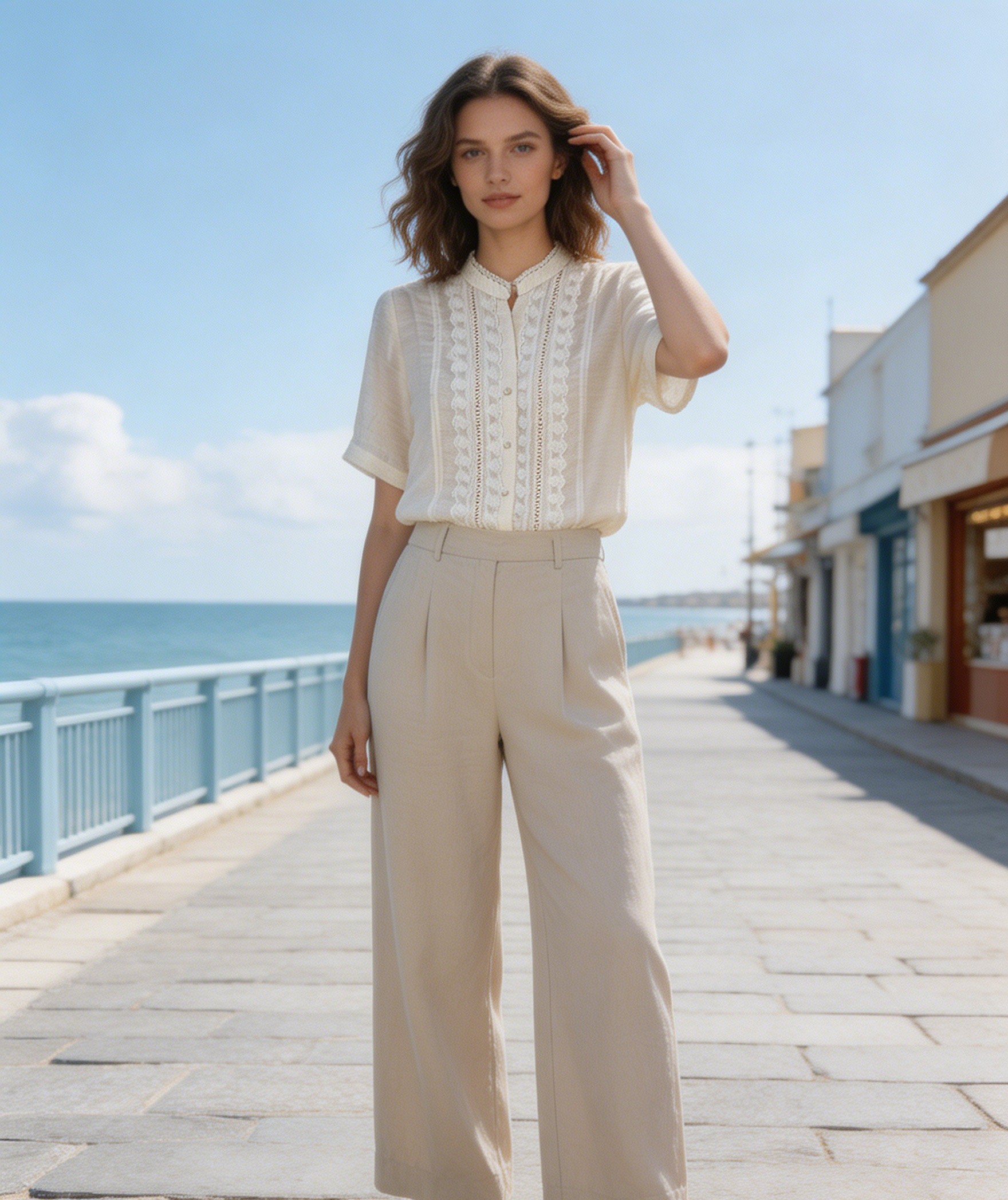 Women’s Vintage Lace Blouse – Cotton Linen Stand Collar Elegant Summer Top W-32702