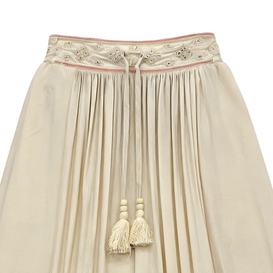 Ethnic Style Embroidered Skirt - Beige High Waist Tassel Trim Boho Maxi Skirt  AW-R290026