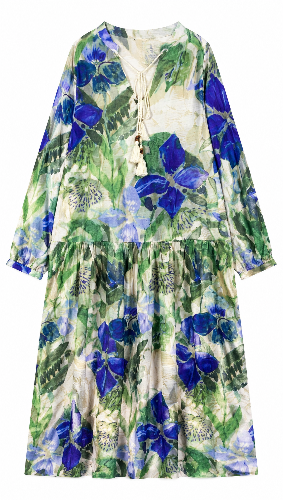 Boho Floral Maxi Dress – V-Neck Tassel Tie Loose Fit Long Sleeve Resort Dress AN-121008