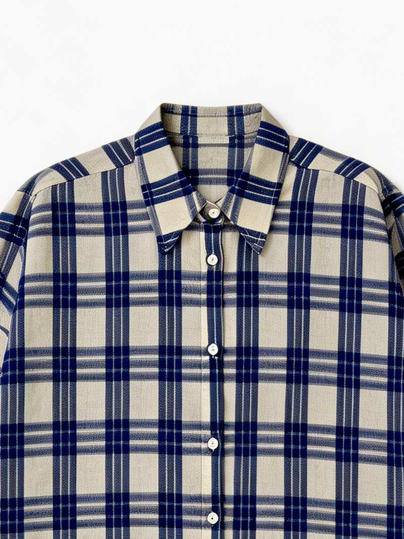 Women's Beige & Blue Plaid Oversized Collared Long Sleeve Shirt  S-2541