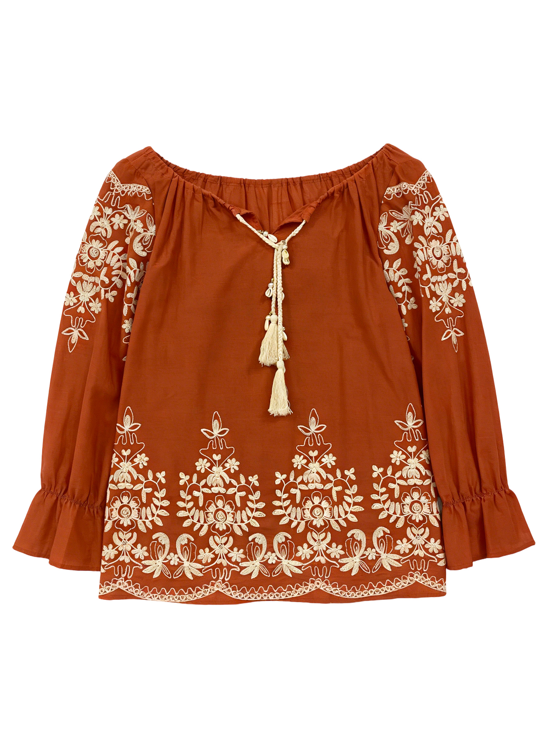 Women’s Boho Floral Embroidered Tassel Peasant Blouse X-26013