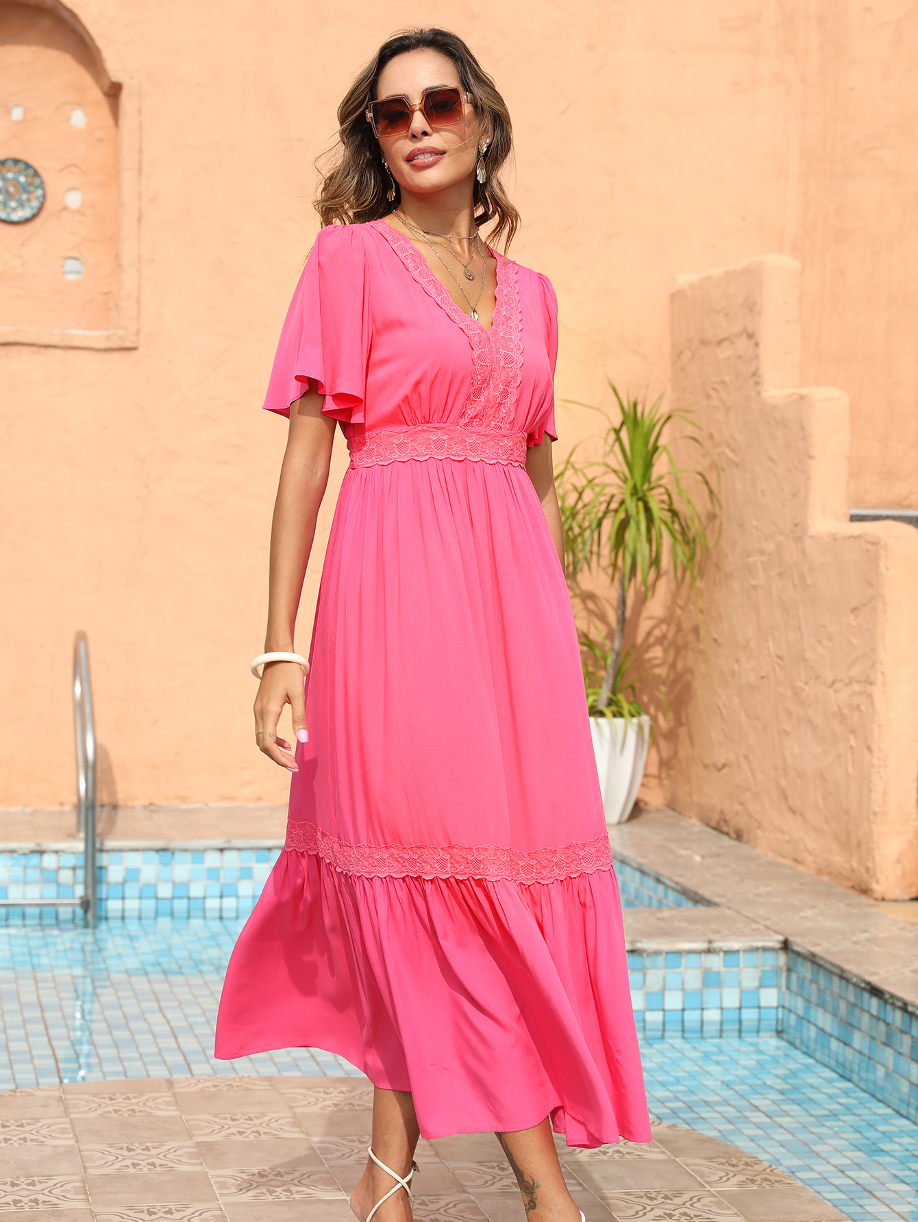 Women’s Hot Pink Lace Trim Flutter Sleeve Midi Dress D-35778