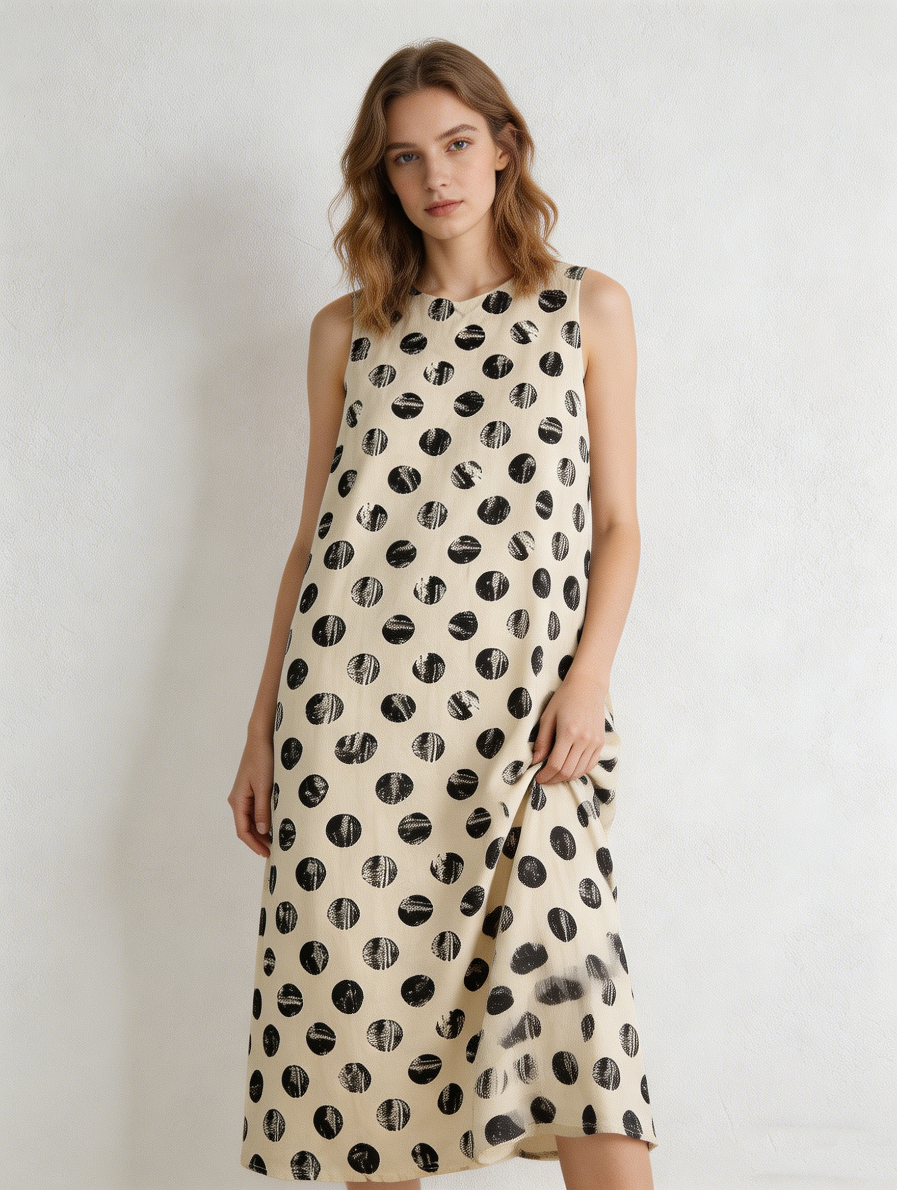 Women's Cream & Black Polka Dot Sleeveless Midi Dress - Relaxed Fit Dress  LA-710001