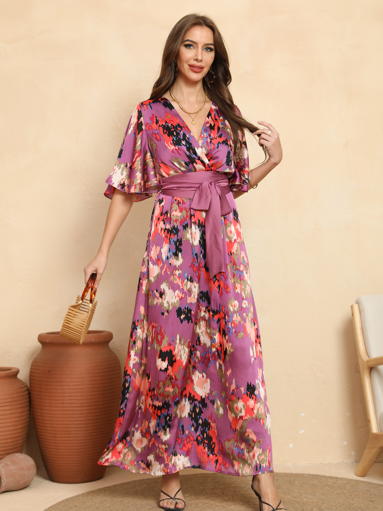 Vibrant Floral Wrap Belted Flutter Sleeve Maxi Dress W-32906