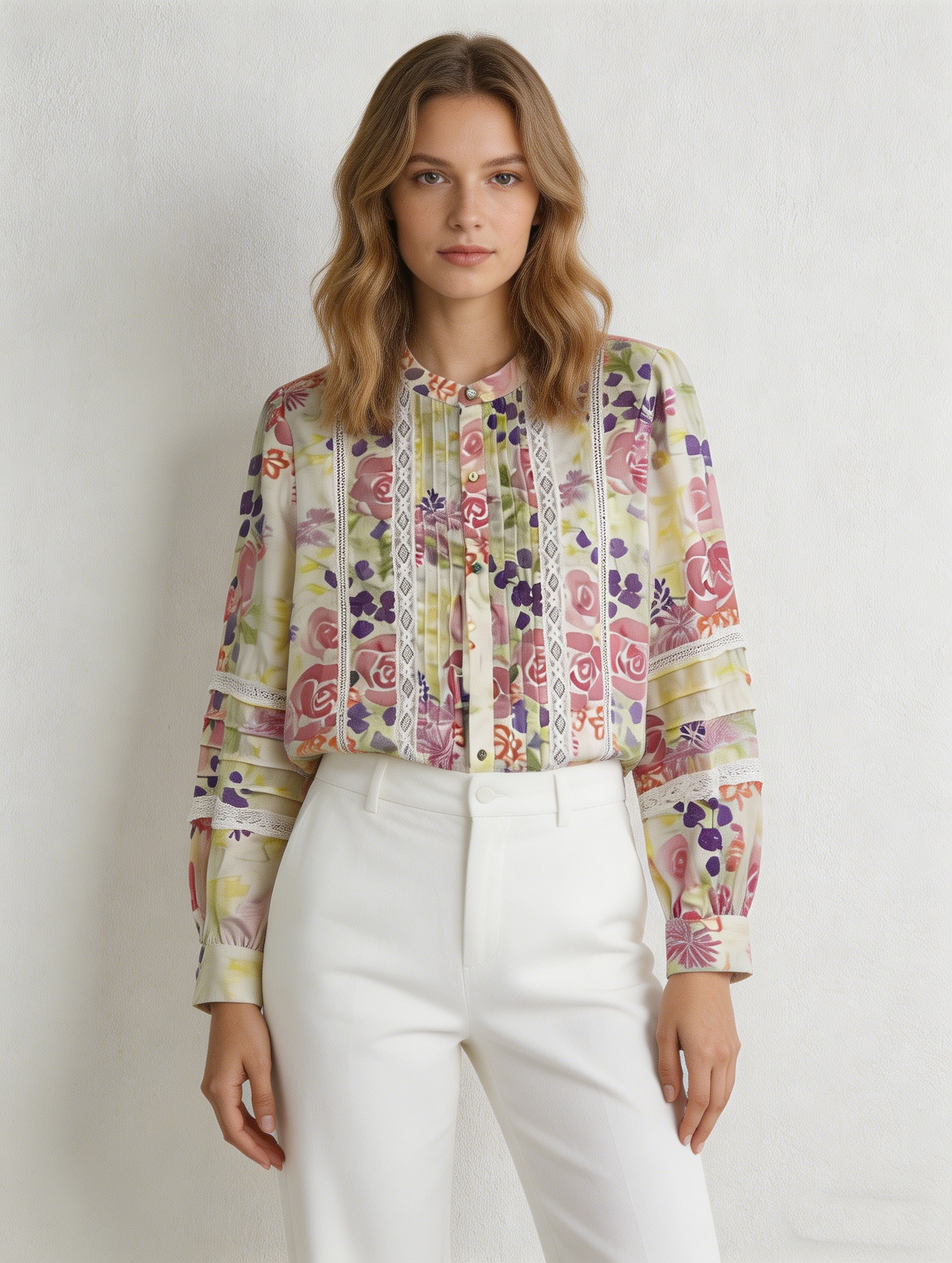 Boho Pink Floral Print Shirt - Lace Trim Relaxed Fit Blouse  D-42013